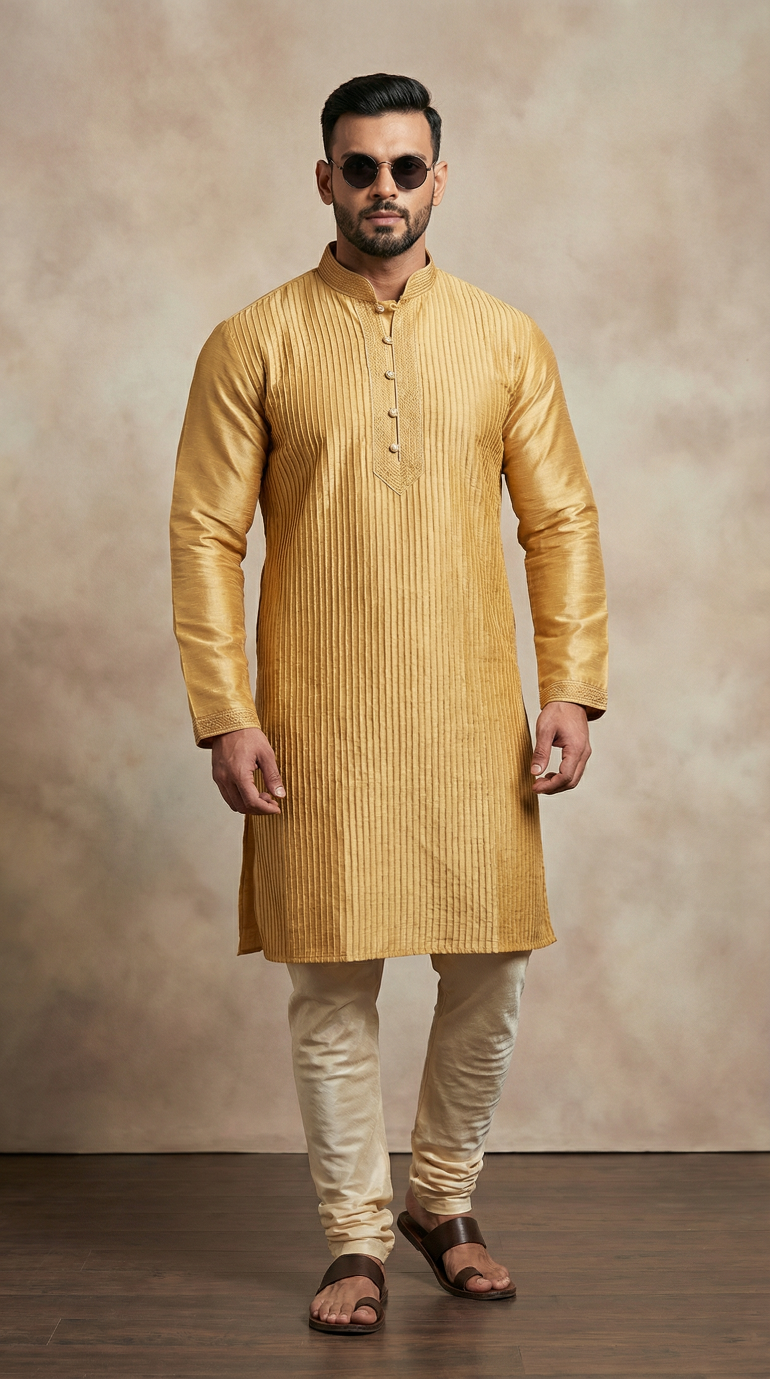 Gold Pintuck Kurta Churidaar Set