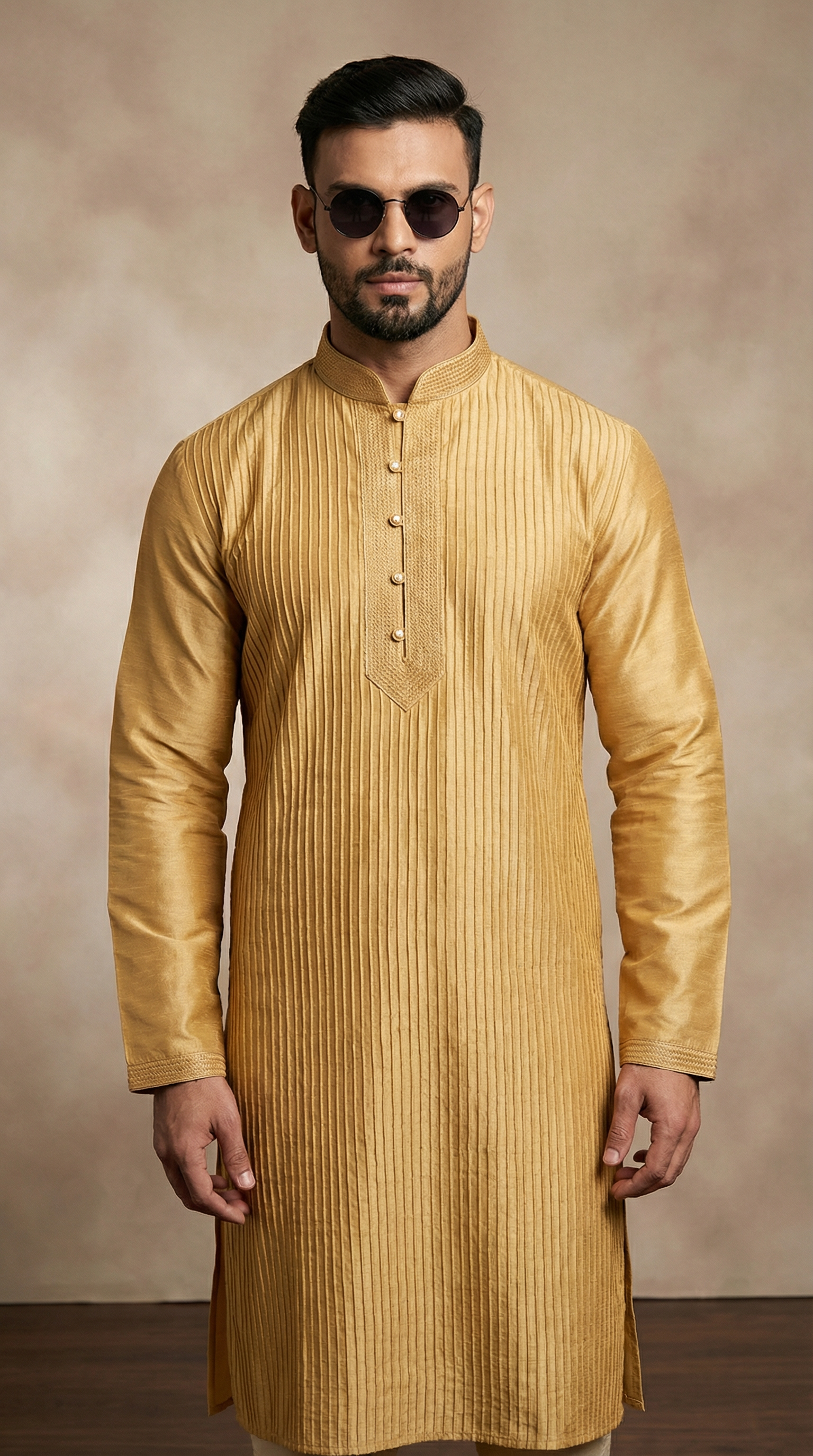 Gold Pintuck Kurta Churidaar Set
