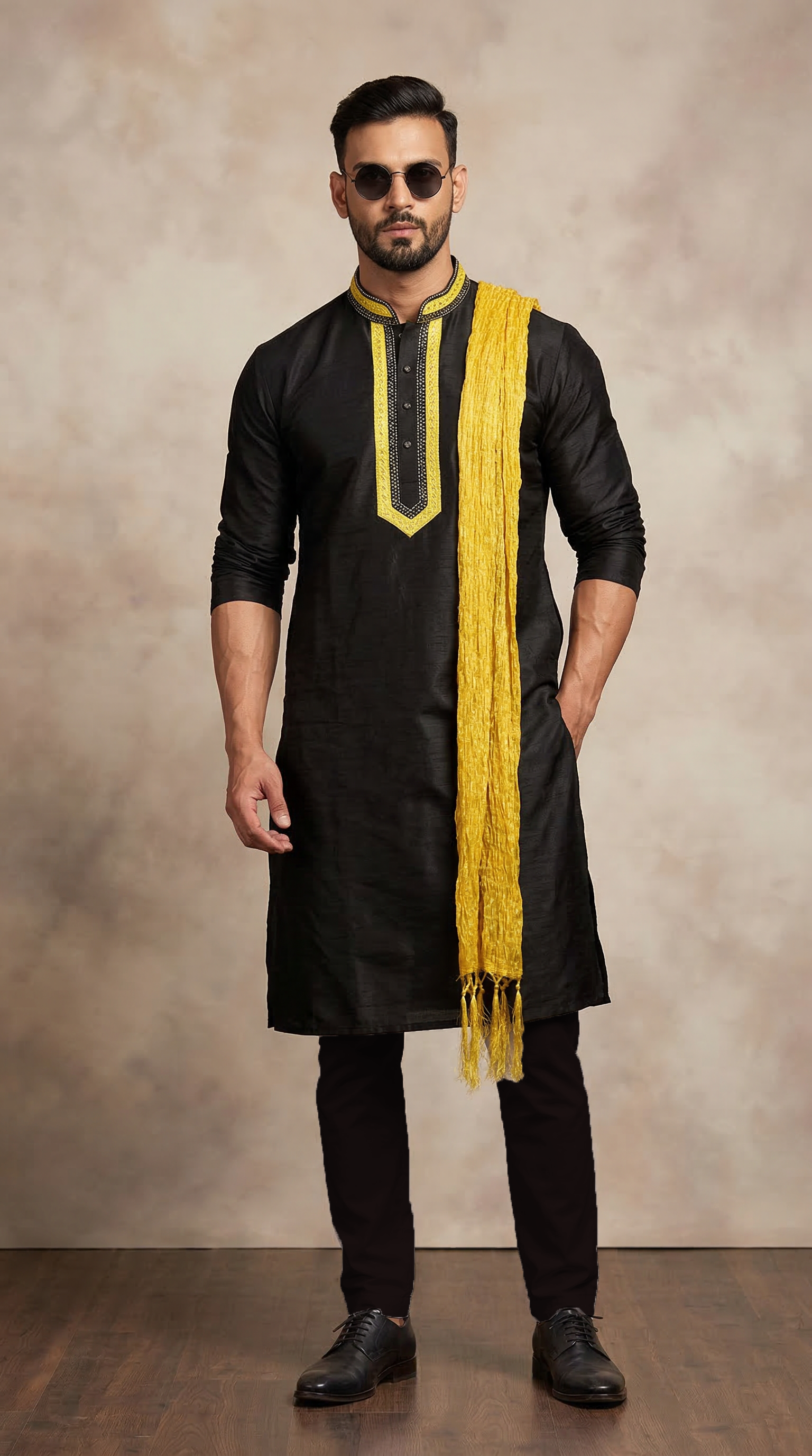 Men’s Black Brocade Kurta with Yellow Panel & Crush Scarf