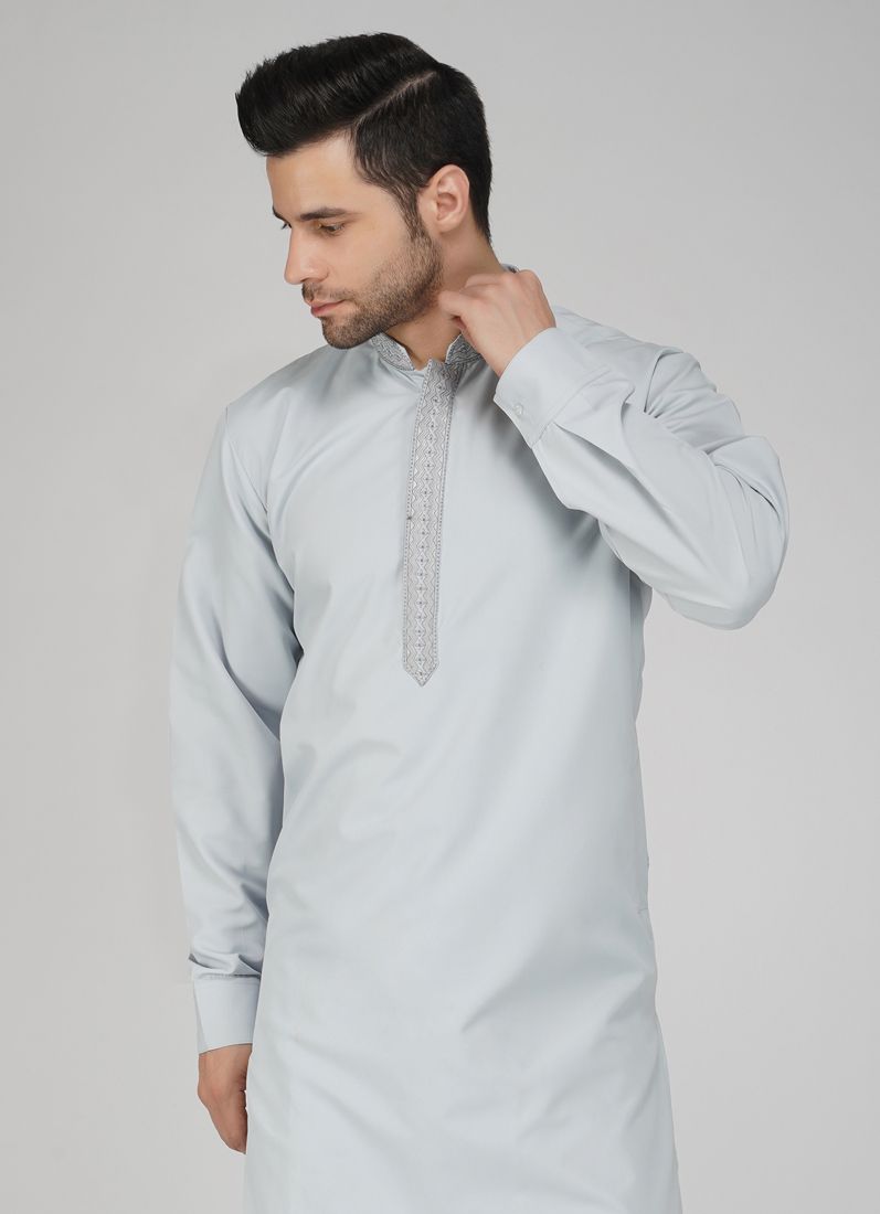 Buy Grey Polyester Embroidered Mens Kurta Salwar Set