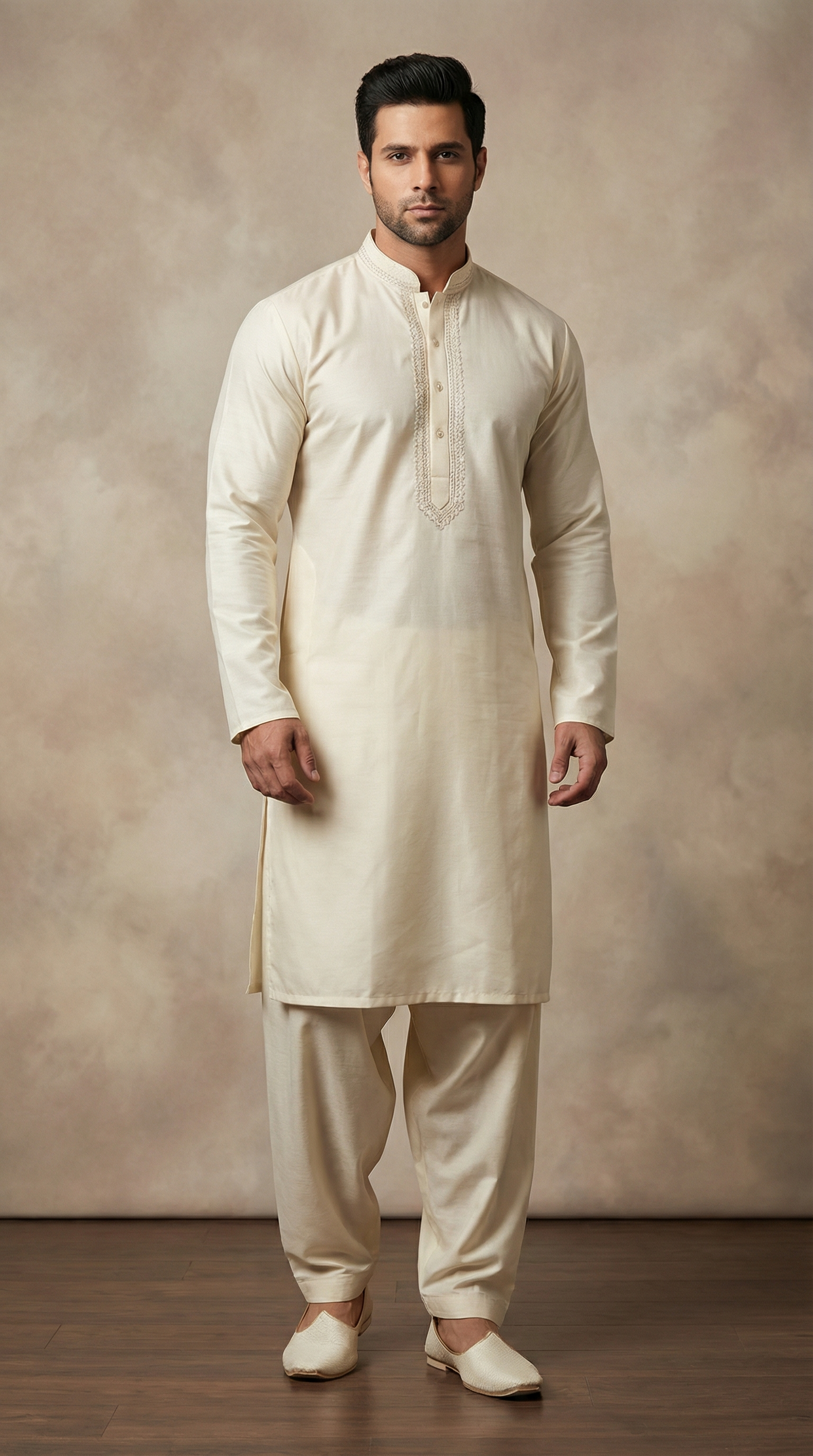 Men's Cream Neck Embroidered Salwar Kameez Set