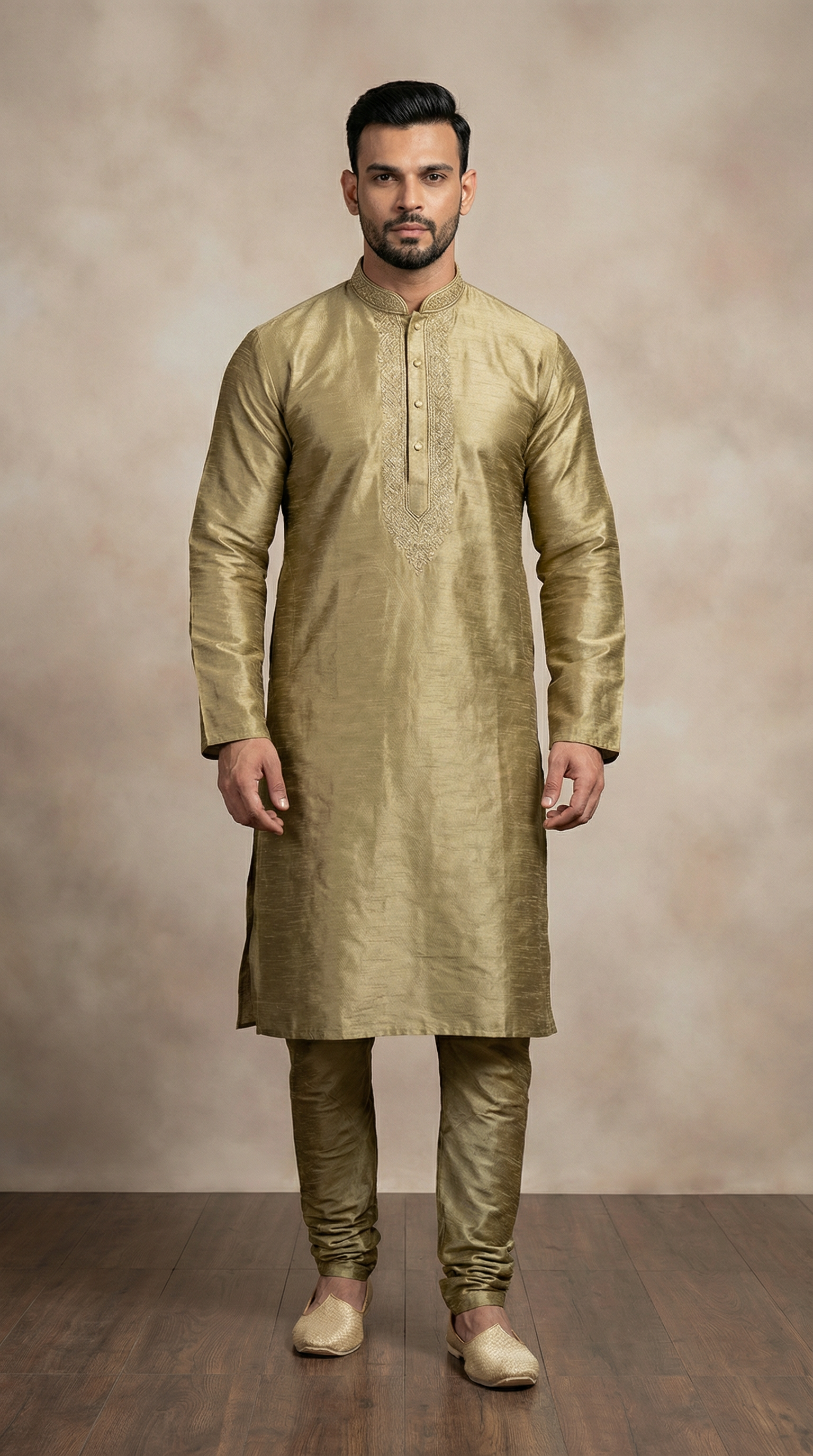 Men's Antique Gold Embroidered Silk Kurta Pyjama Set