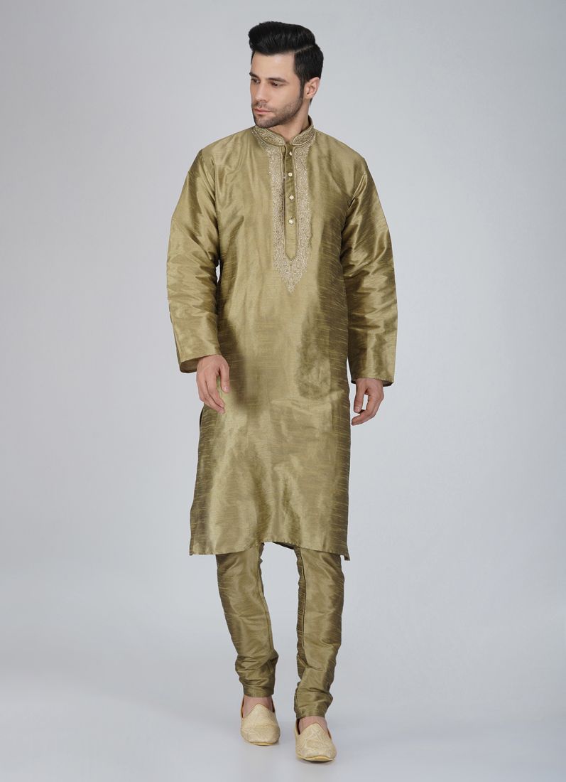 Men's Antique Gold Embroidered Silk Kurta Pyjama Set