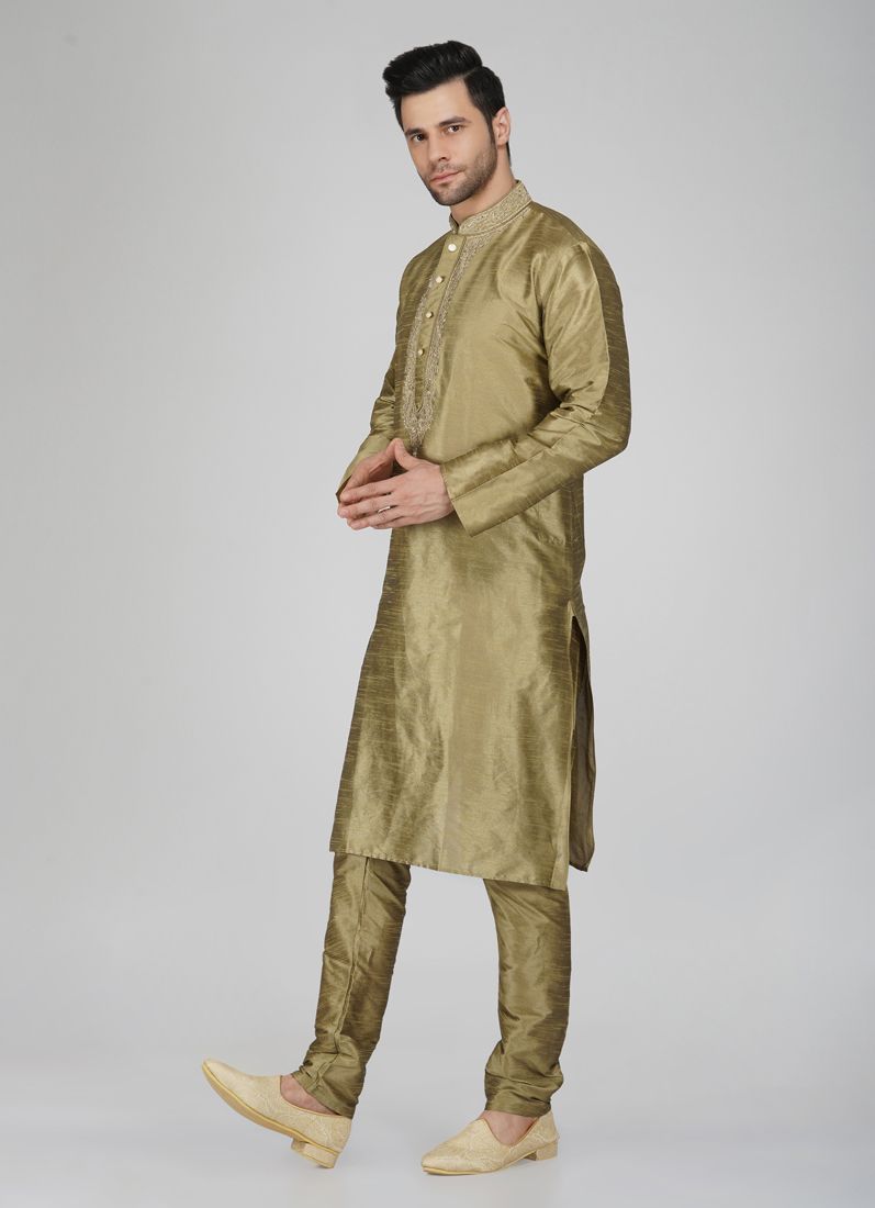 Men's Antique Gold Embroidered Silk Kurta Pyjama Set