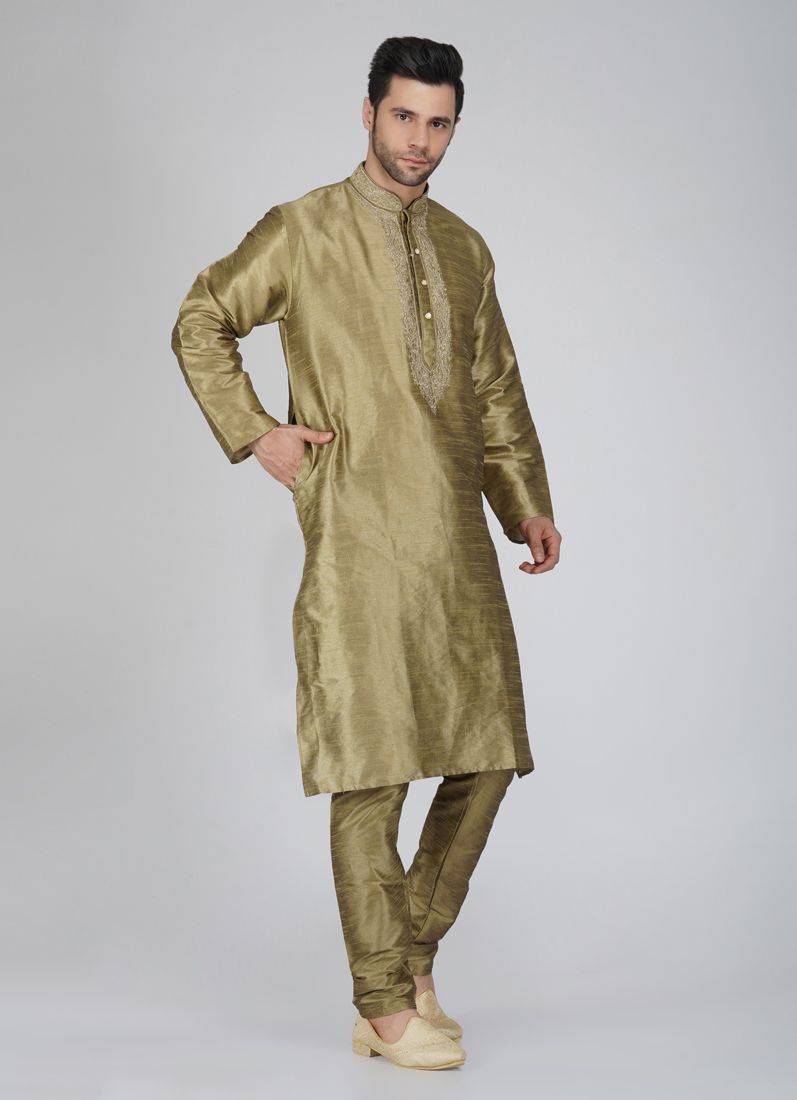 Men's Antique Gold Embroidered Silk Kurta Pyjama Set