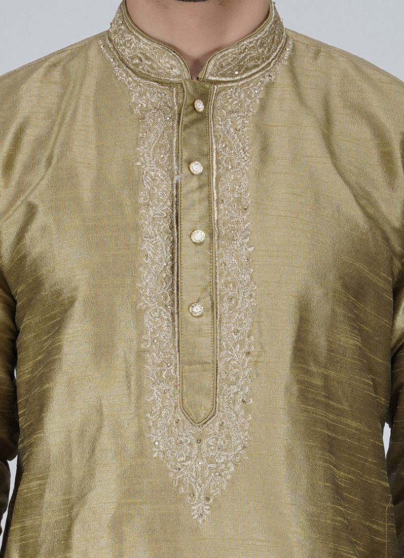 Men's Antique Gold Embroidered Silk Kurta Pyjama Set