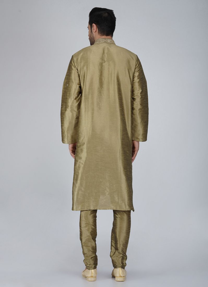 Men's Antique Gold Embroidered Silk Kurta Pyjama Set