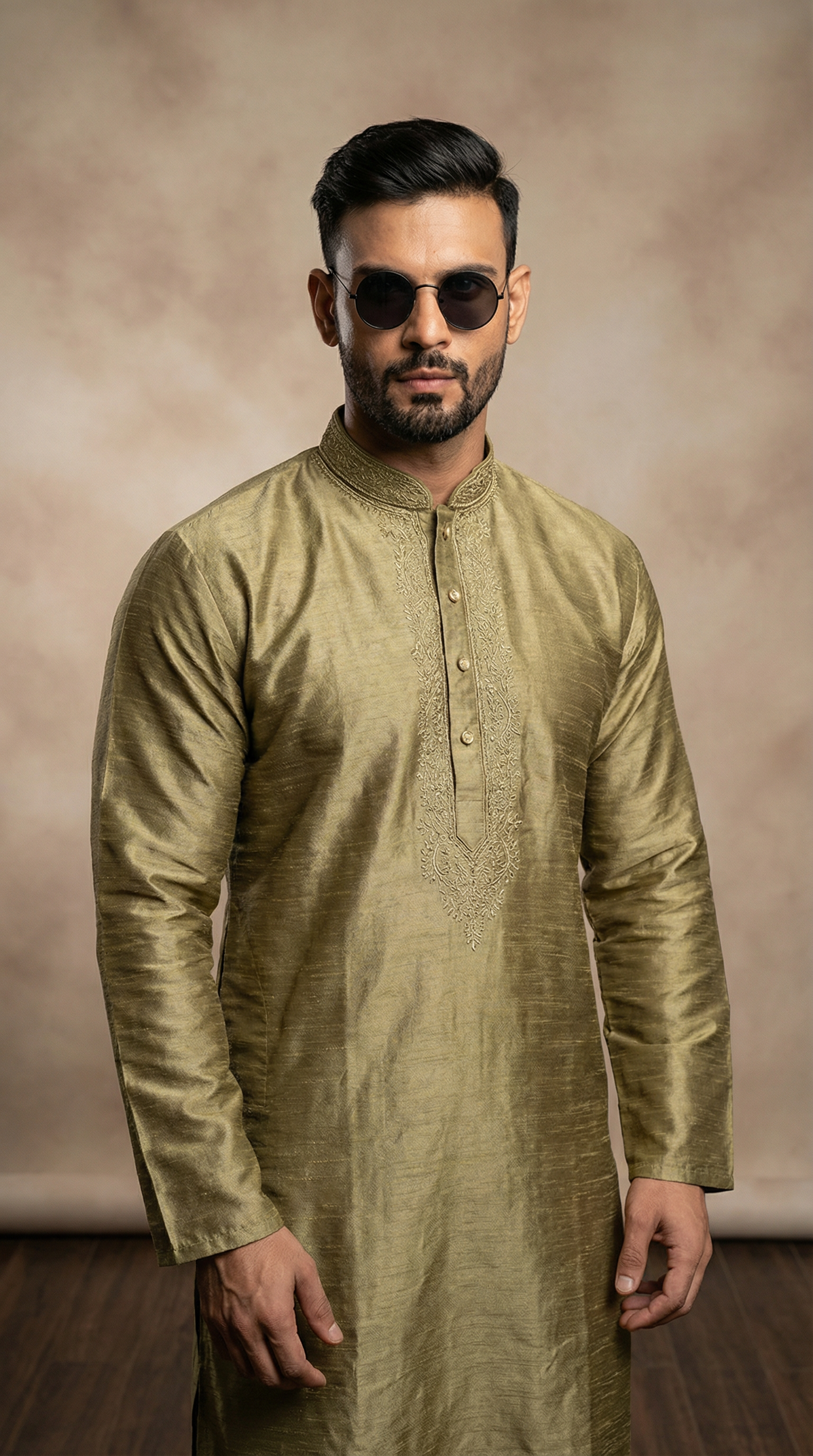 Men's Antique Gold Embroidered Silk Kurta Pyjama Set