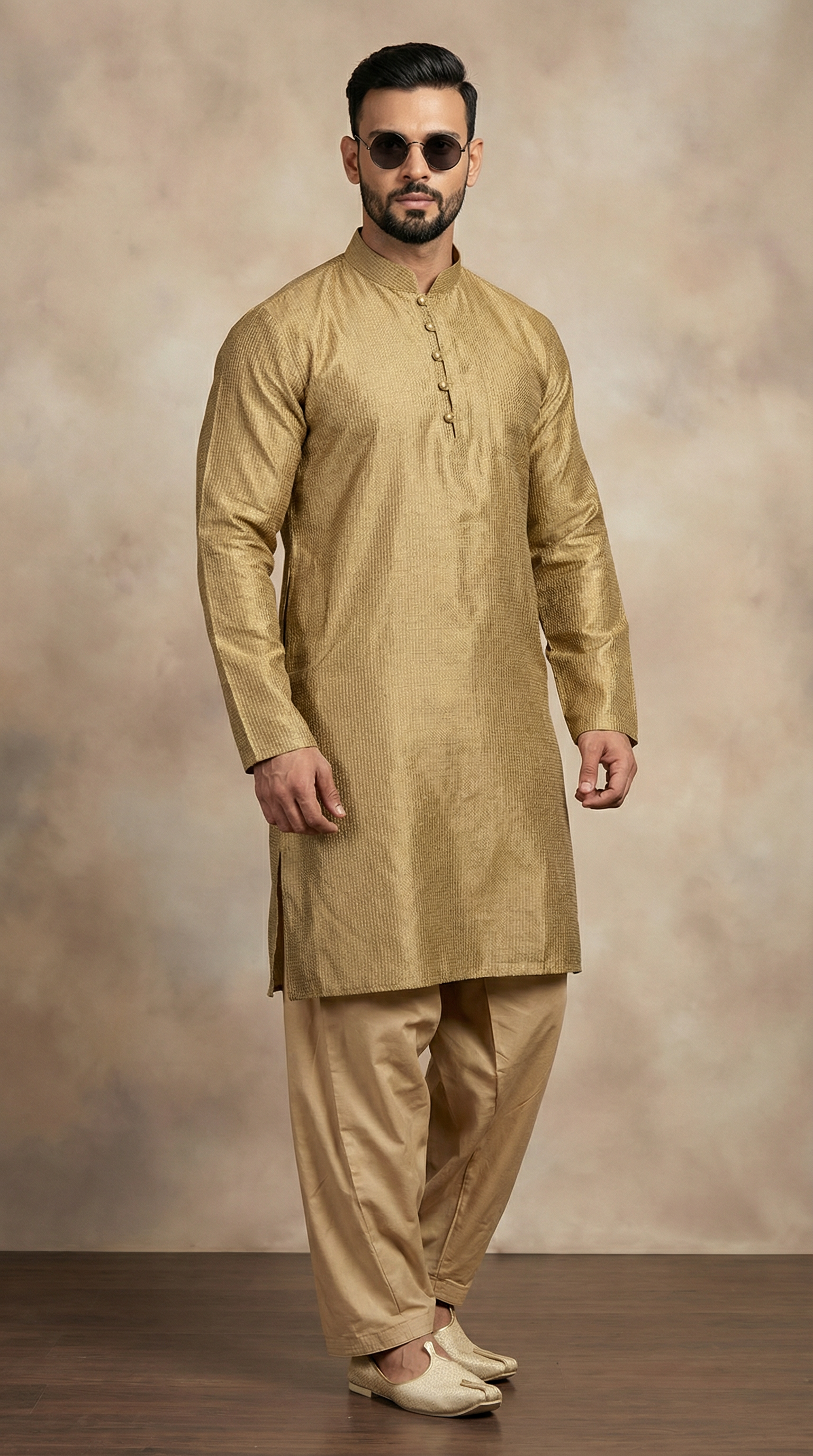 Men's Gold Pinstriped Salwar Kameez