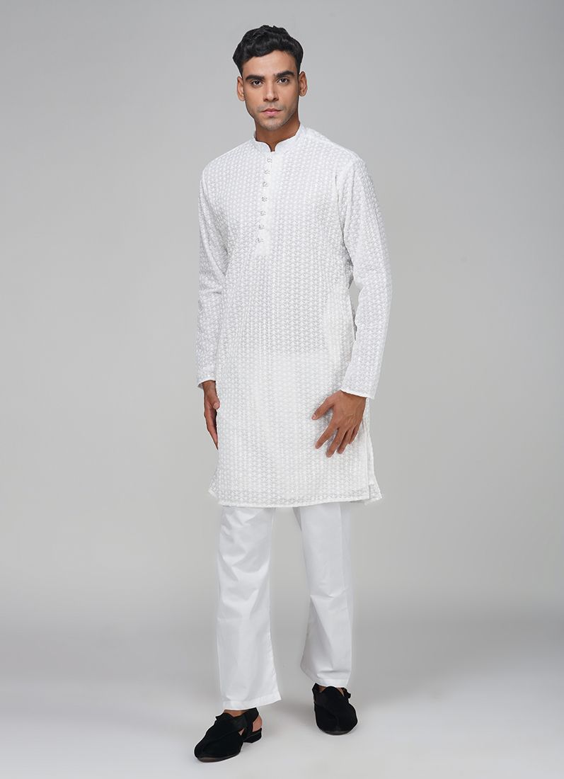 Buy Men's White Sippi Work Kurta Churidaar Set