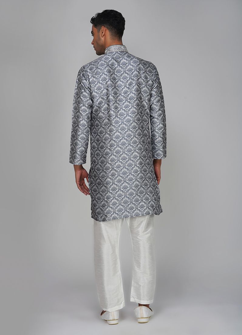 Buy Men's Grey Brocade Kurta Churidaar Set