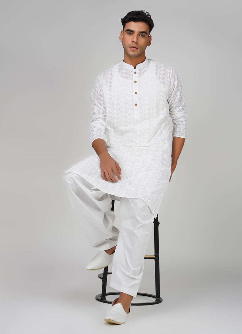 Buy Men's White Chikanakri Kurta Salwar Set
