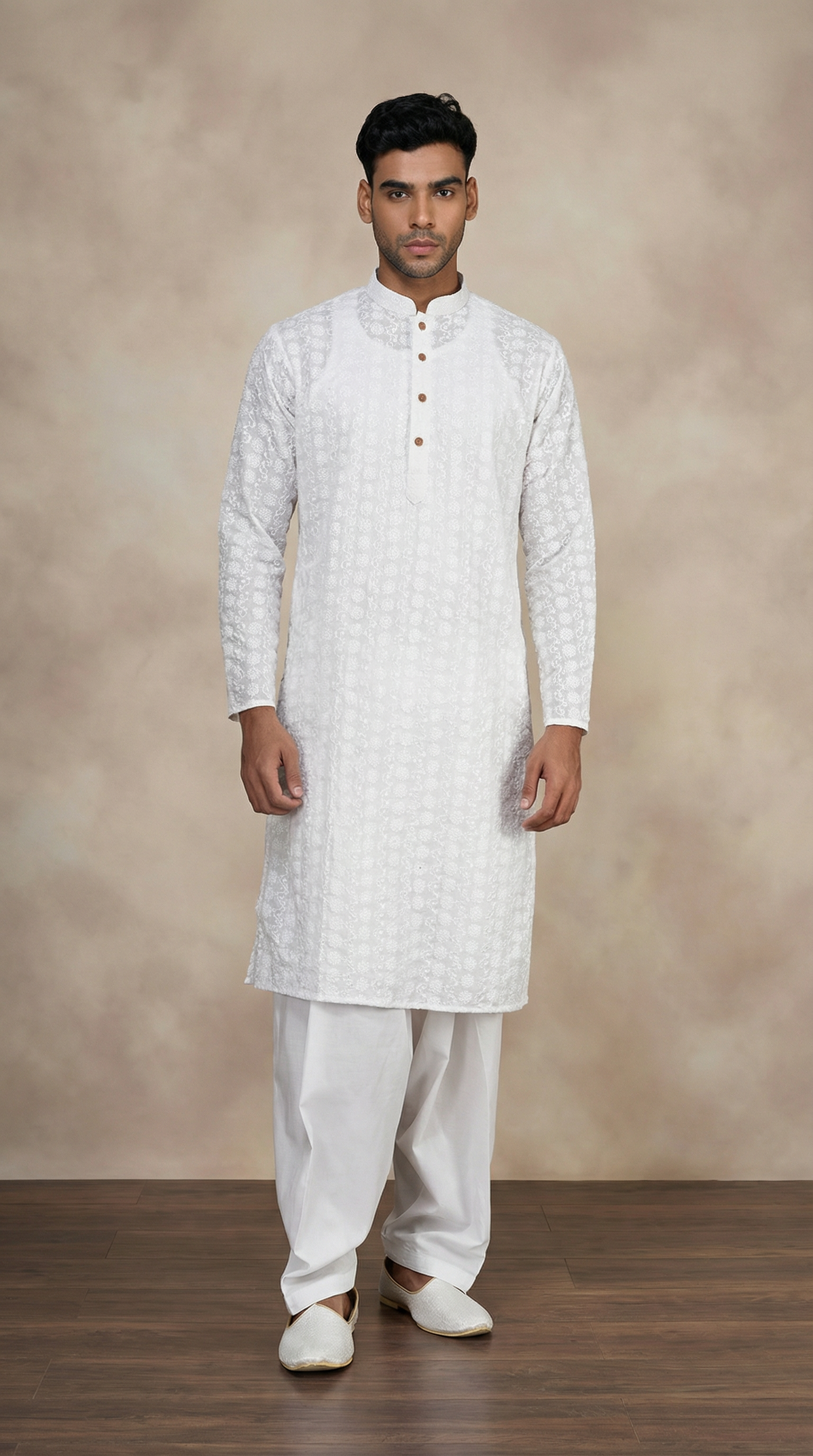 Men's White Chikanakri Kurta Salwar Set