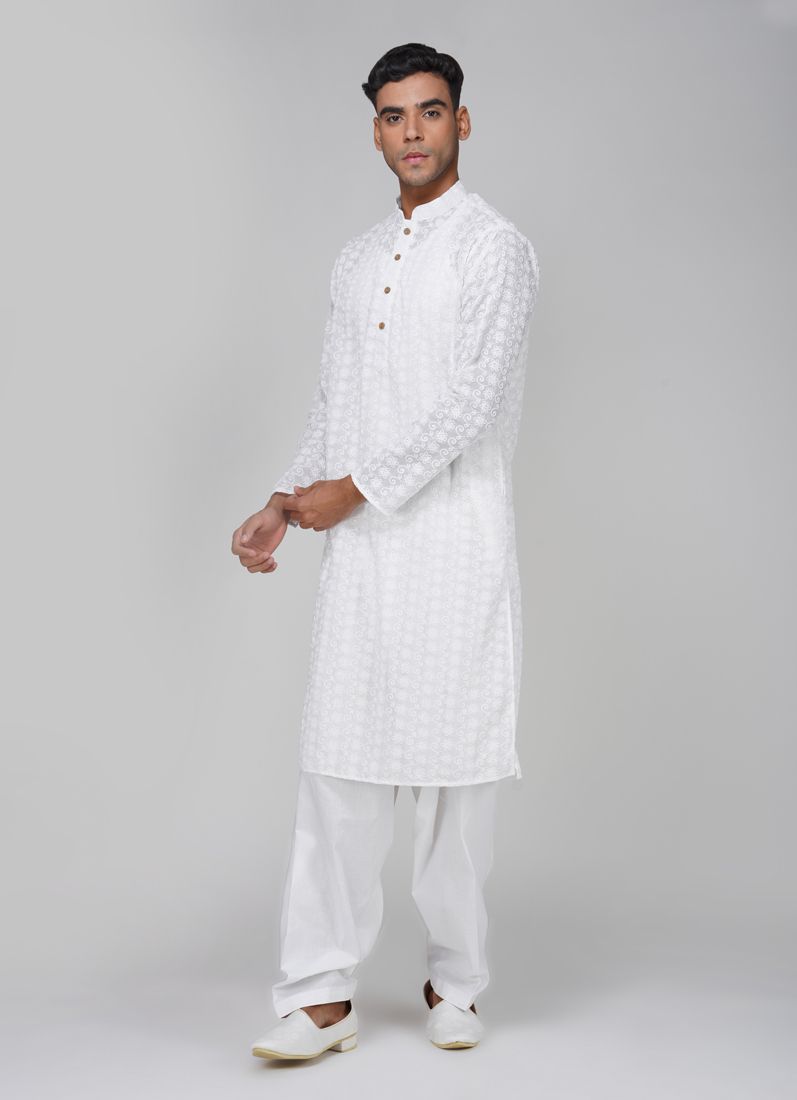 Buy Men's White Chikanakri Kurta Salwar Set