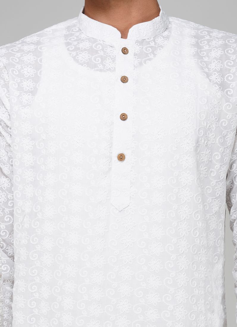 Buy Men's White Chikanakri Kurta Salwar Set