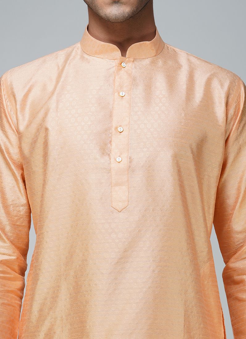 Buy Men's Peach Jacquard Kurta Set