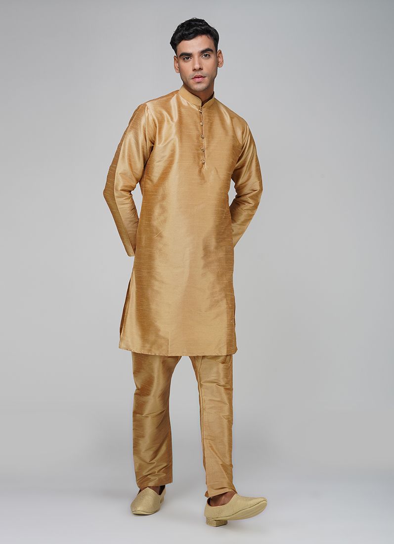 Buy Men's Gold Raw Silk Kurta Set