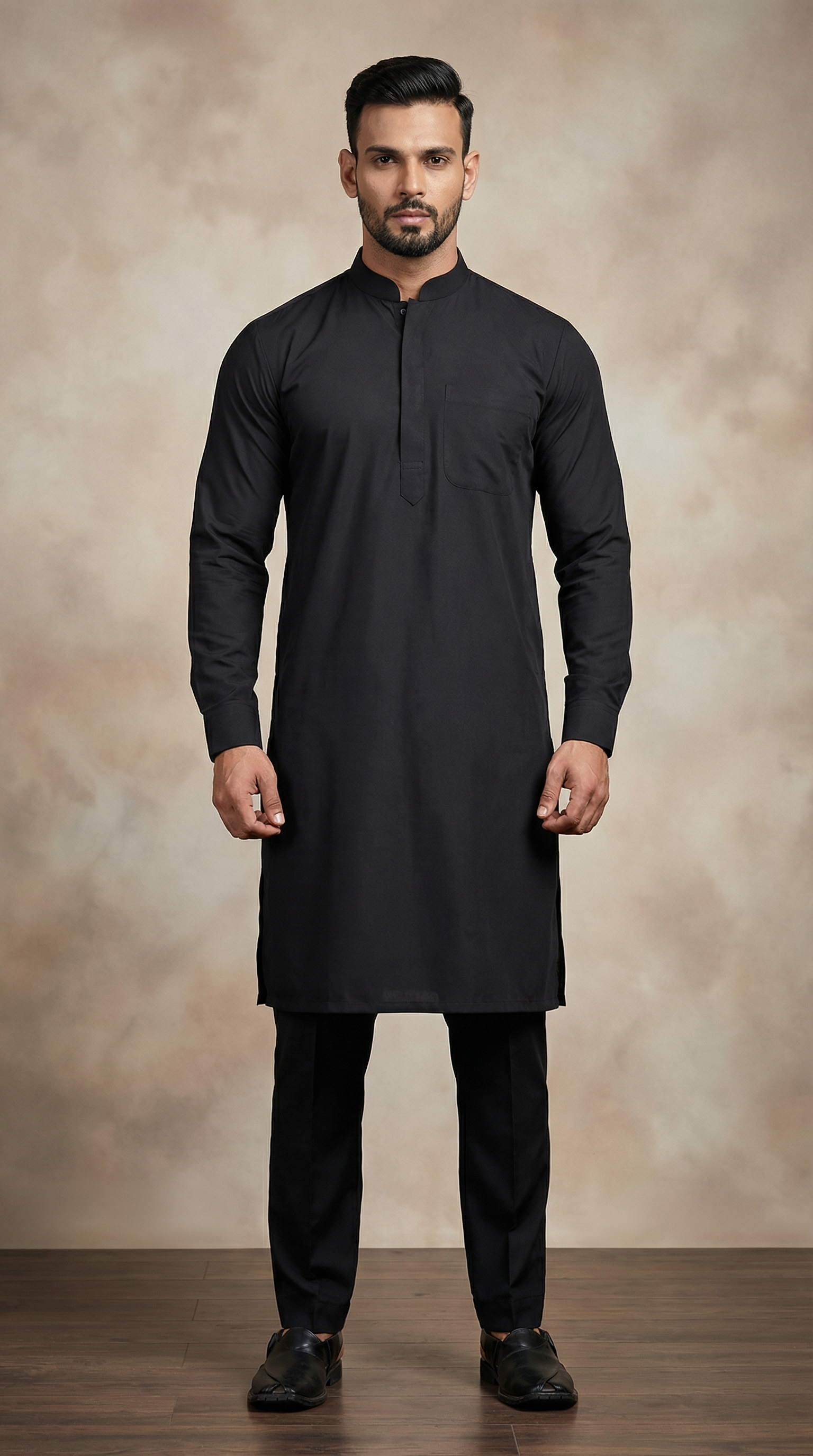 Men's Black Polyester Salwar Kurta Set