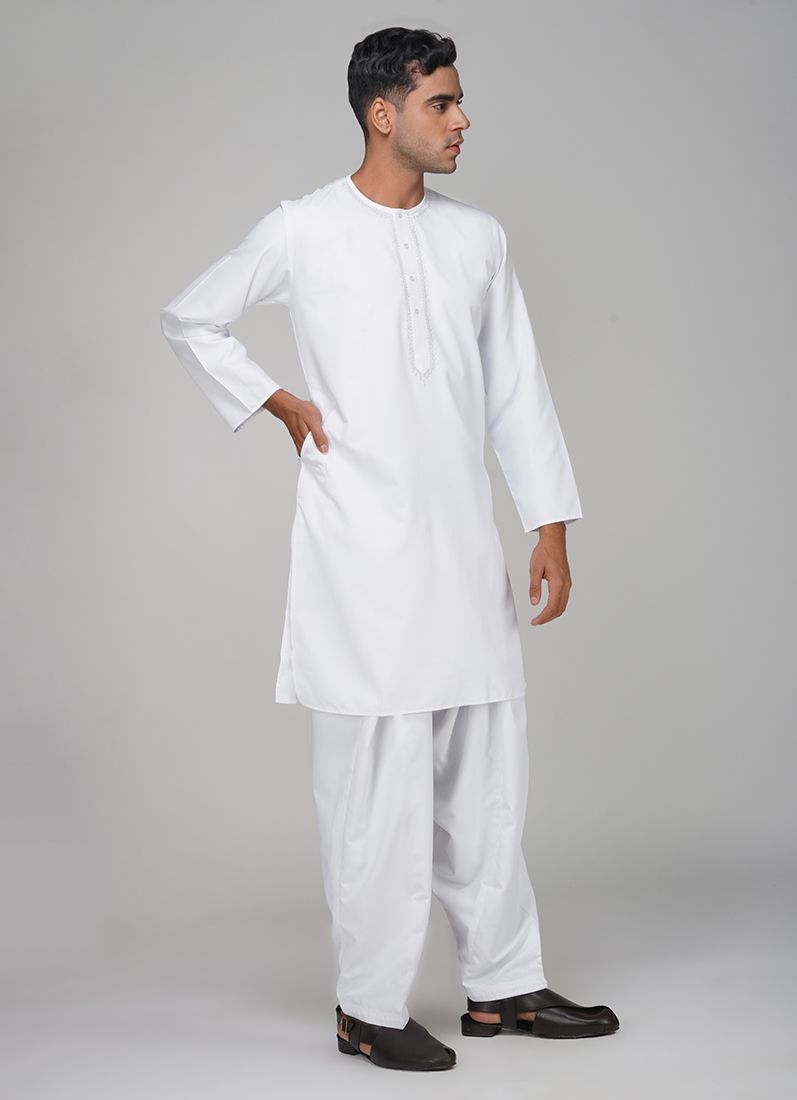 Buy Men's White Polyester Embroidered Kurta Set