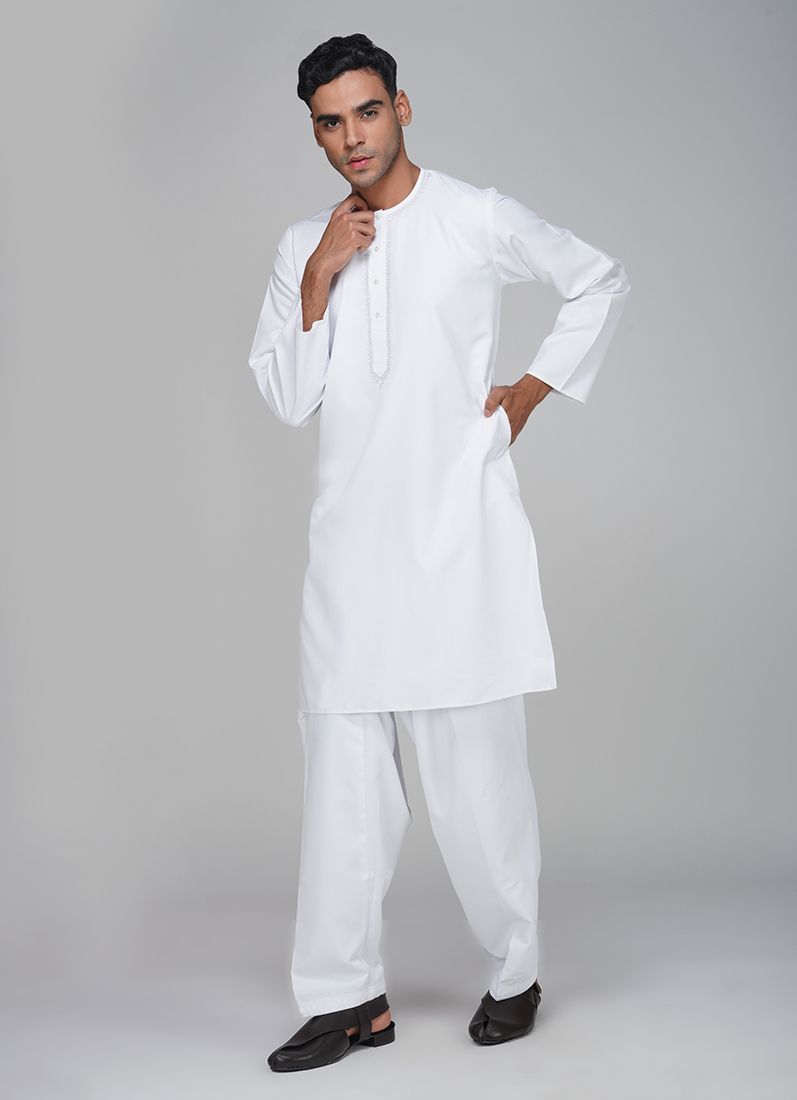 Buy Men's White Polyester Embroidered Kurta Set