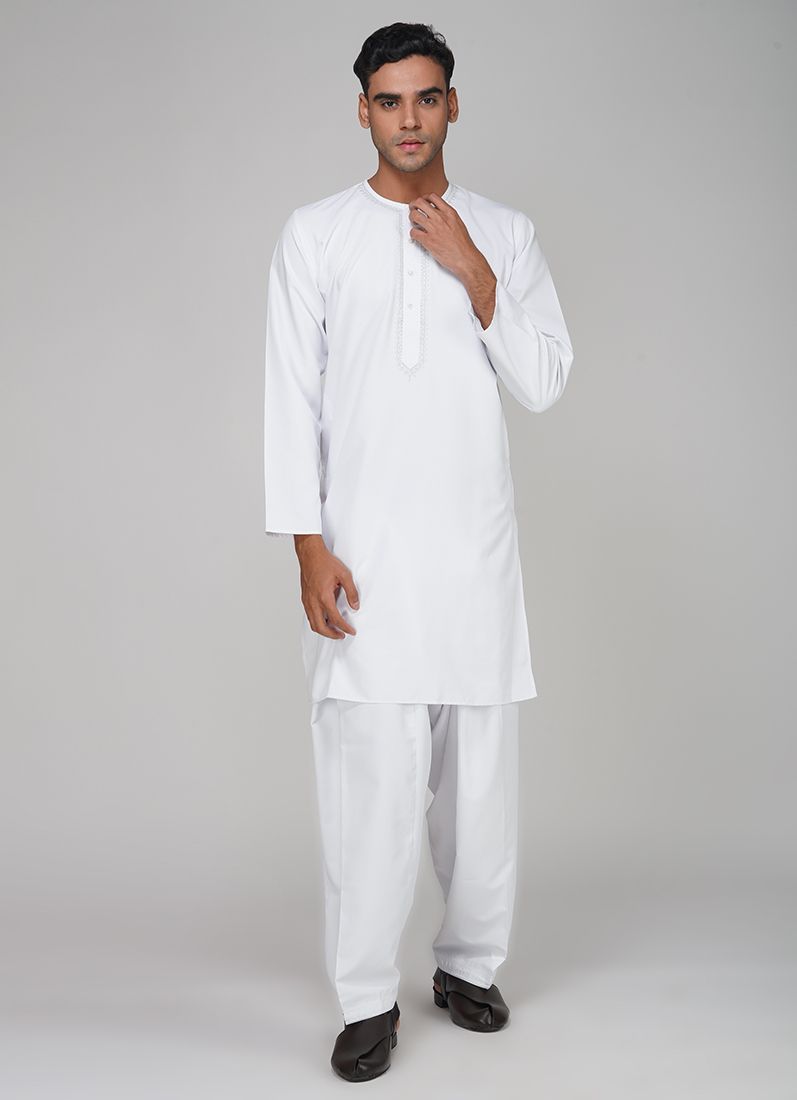 Buy Men's White Polyester Embroidered Kurta Set