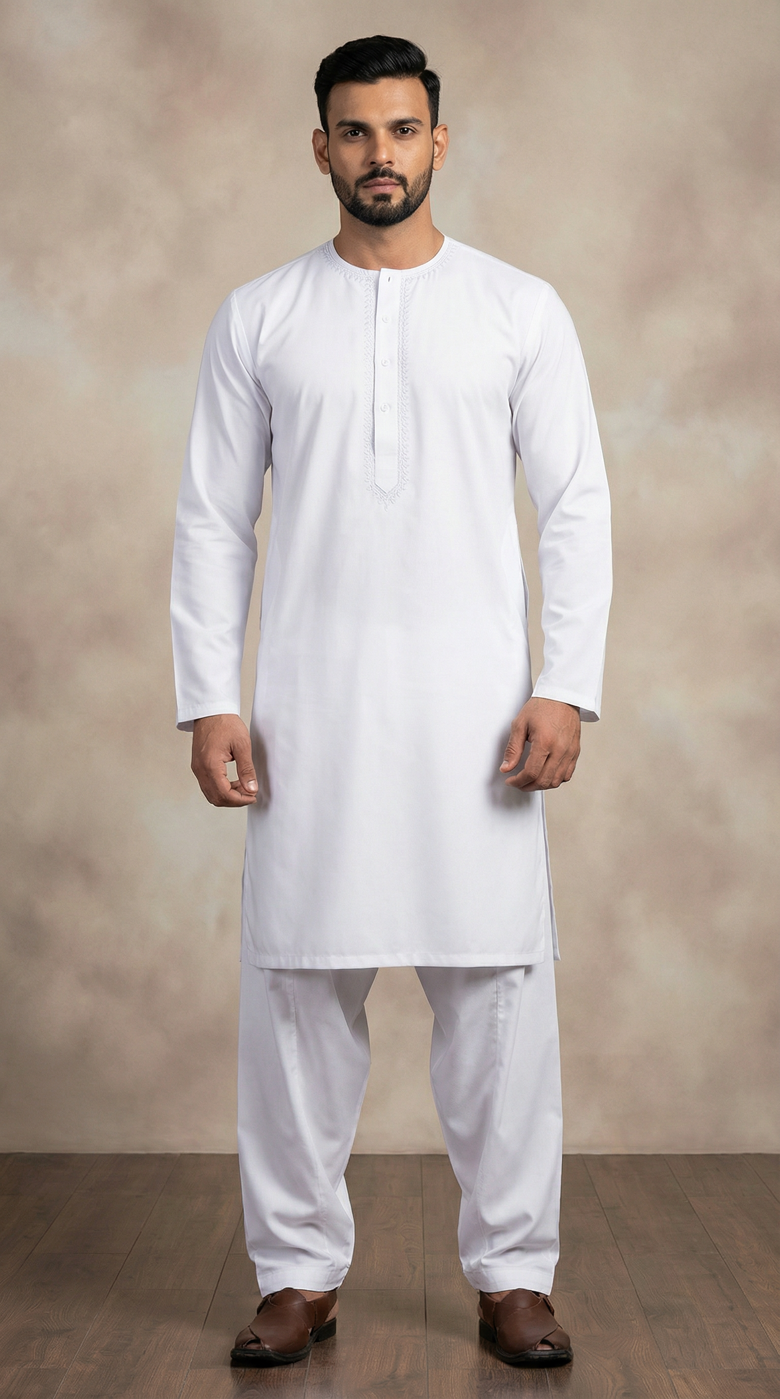 Men's White Polyester Embroidered Kurta Set