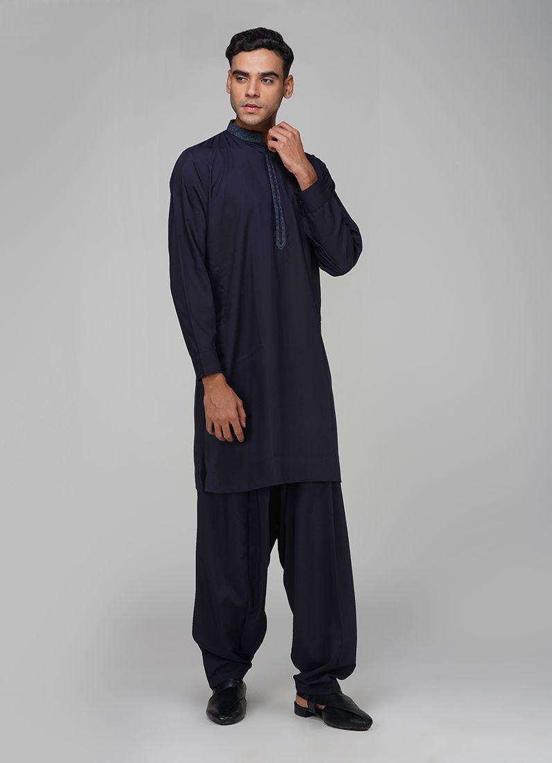 Buy Men's Navy Blue Polyester Embroidered Kurta Set
