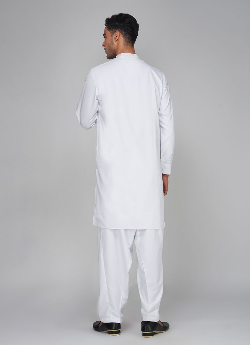 Buy Men's White Polyester Resham Embroidered Kurta Set