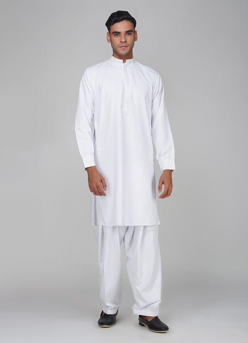 Buy Men's White Polyester Resham Embroidered Kurta Set