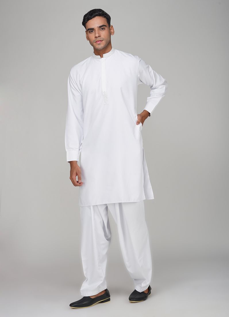 Buy Men's White Polyester Resham Embroidered Kurta Set