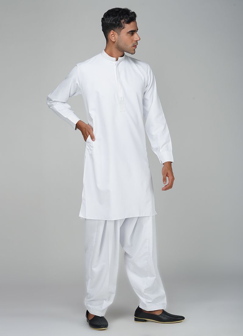 Buy Men's White Polyester Resham Embroidered Kurta Set