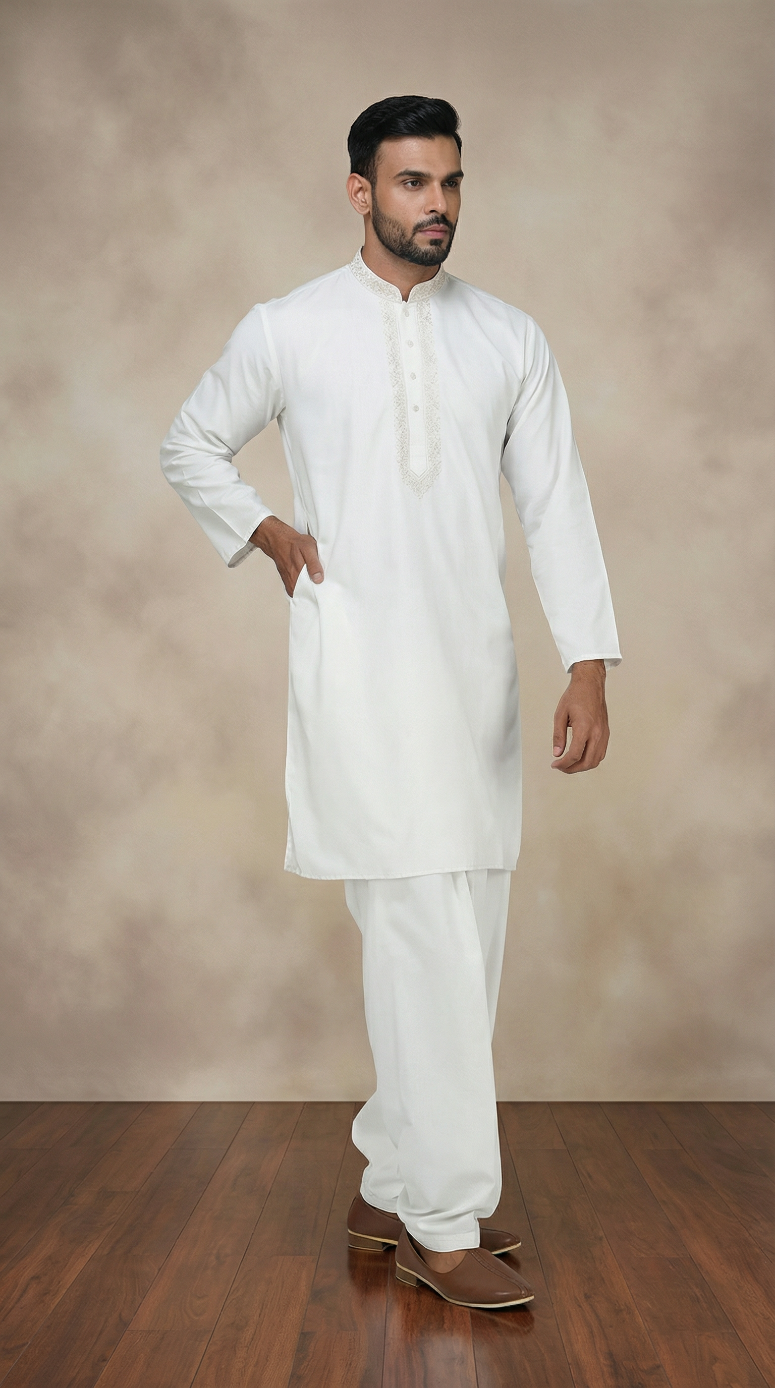 Men's Cream Resham Embroidered Shalwar Kameez