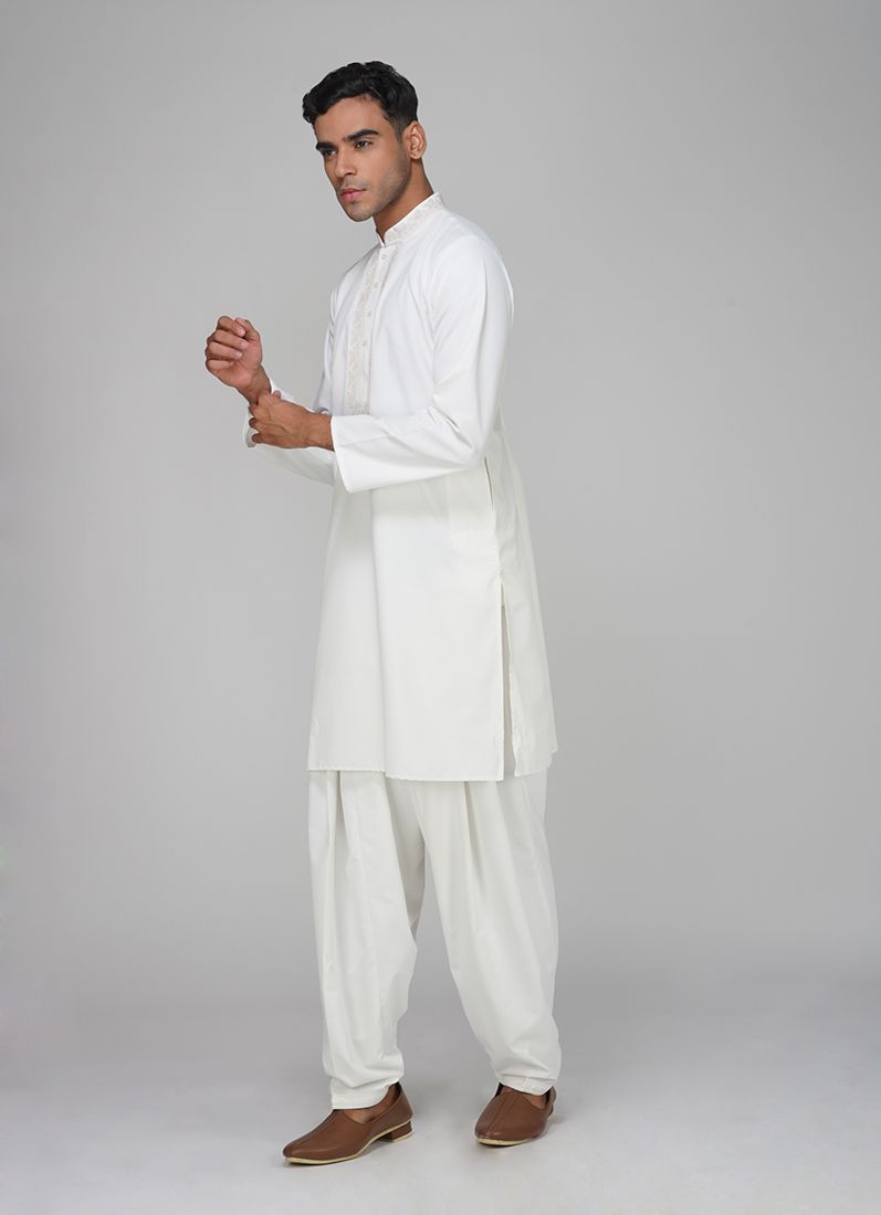 Buy Men's Cream Polyester Resham Embroidered Kurta Set