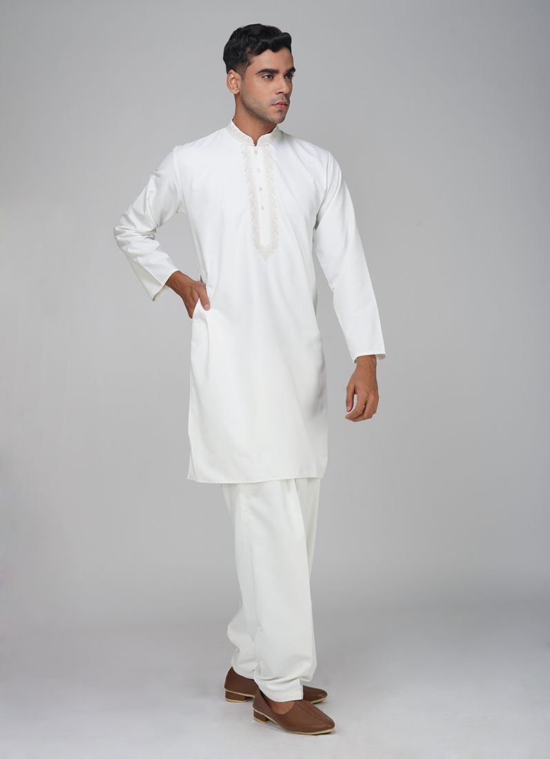 Buy Men's Cream Polyester Resham Embroidered Kurta Set