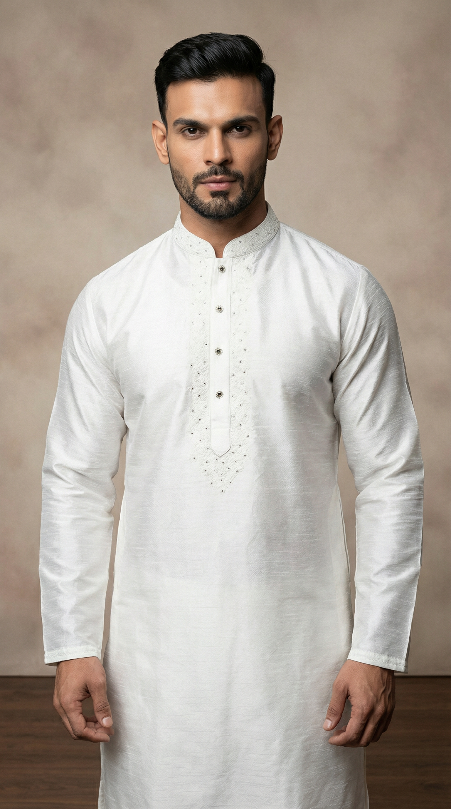 Men's White Jacquard Thread Work Kurta Pyjama Set