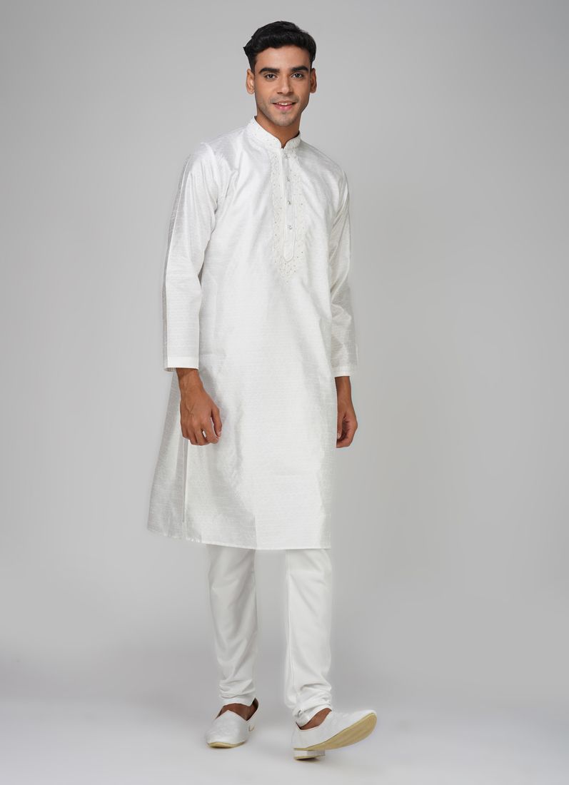 Buy Men's White Jacquard Mirror Work Kurta Set