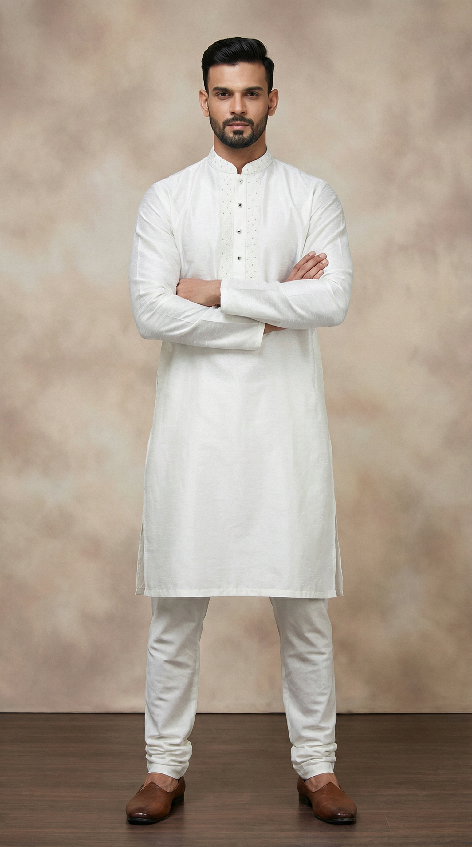 Men's White Jacquard Thread Work Kurta Pyjama Set