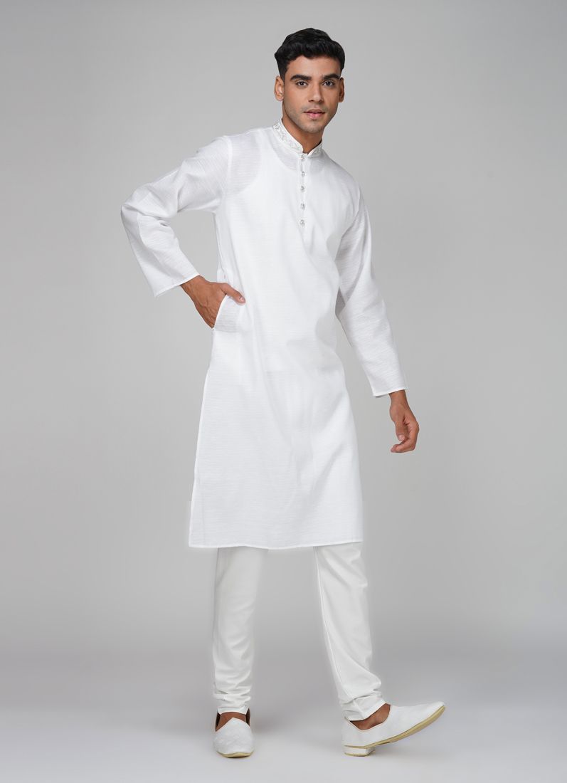 Buy Men's White Jacquard Silver Work Kurta Set