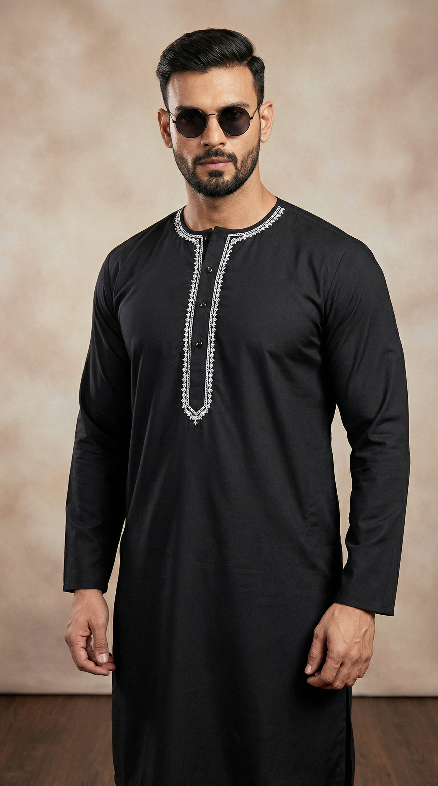 Men’s Black Kurta Pyjama with Contrast Embroidery