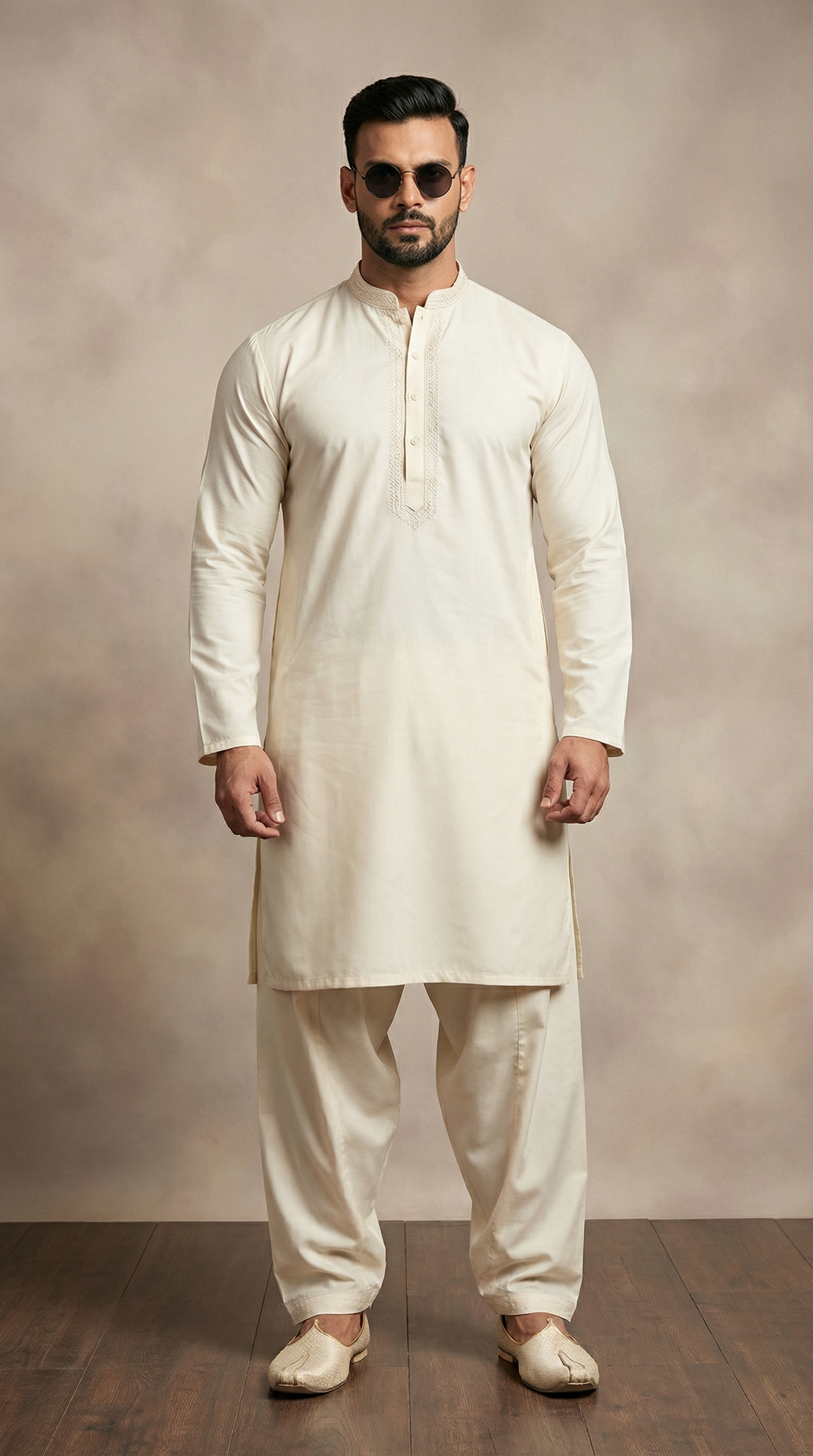 Men's Dark Cream Embroidered Salwar kameez