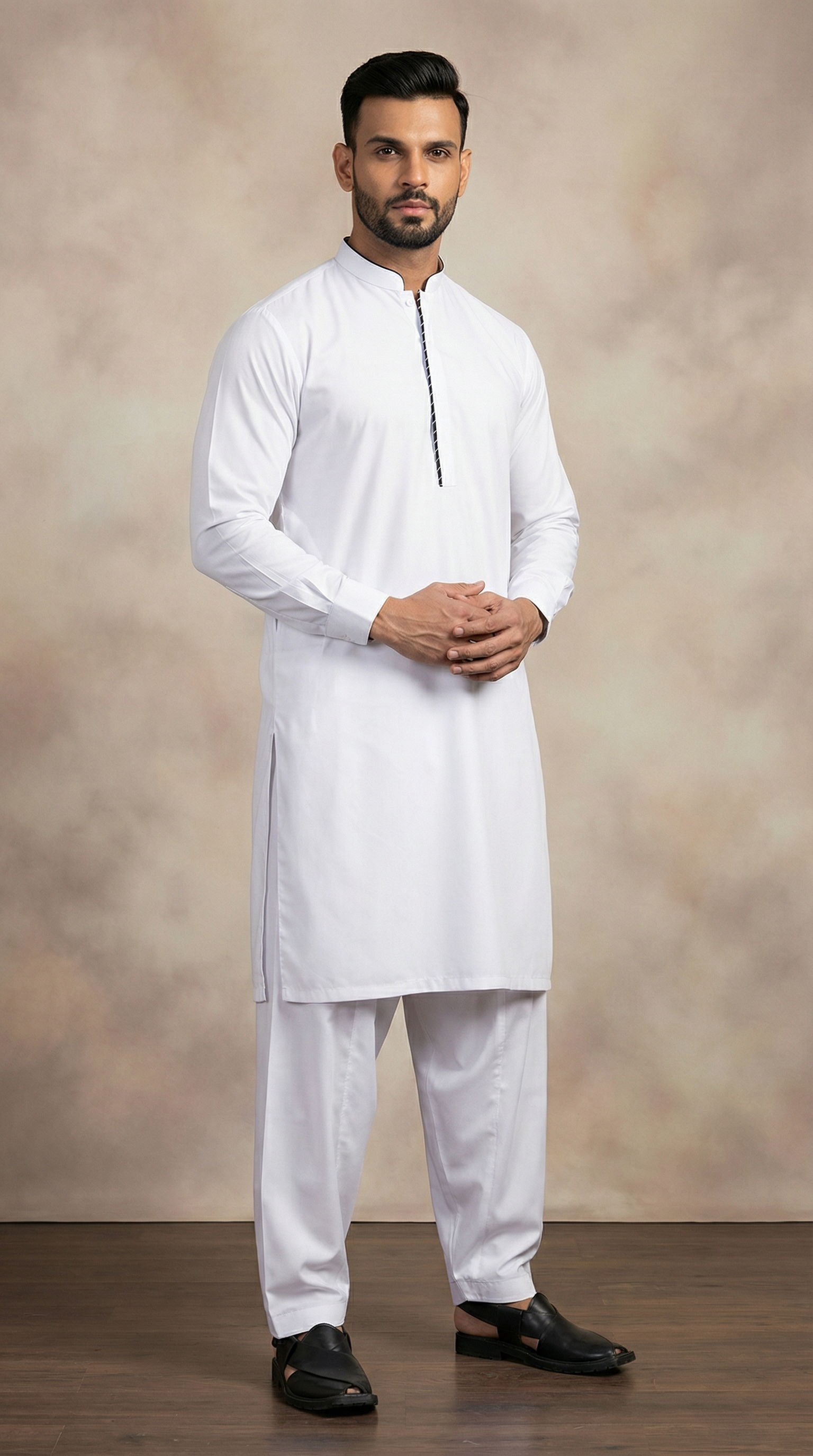Men's White Band Collar Shalwar Kameez Set