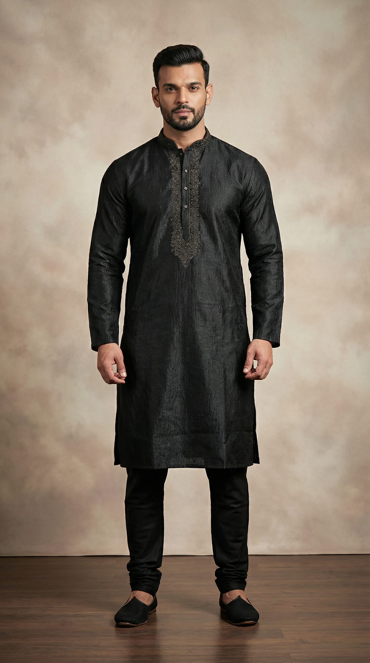 Men's Black Jaquard Embroidered Pajama Set