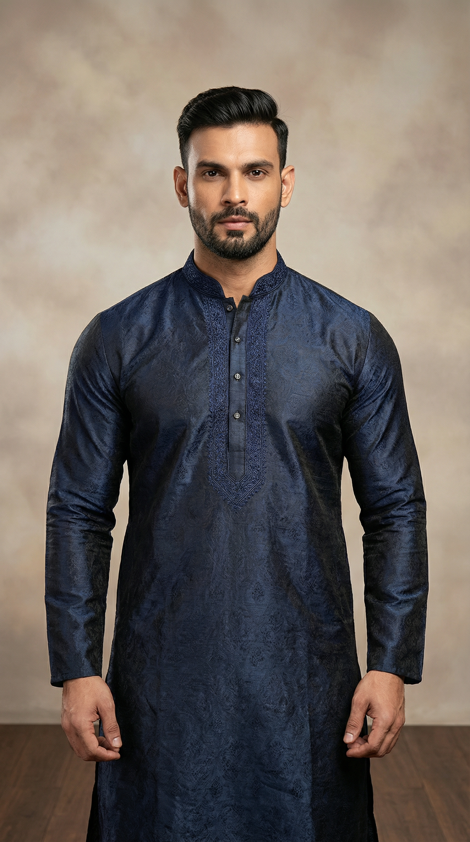 Men's Navy Blue Jacquard Embroidered Payjama Set