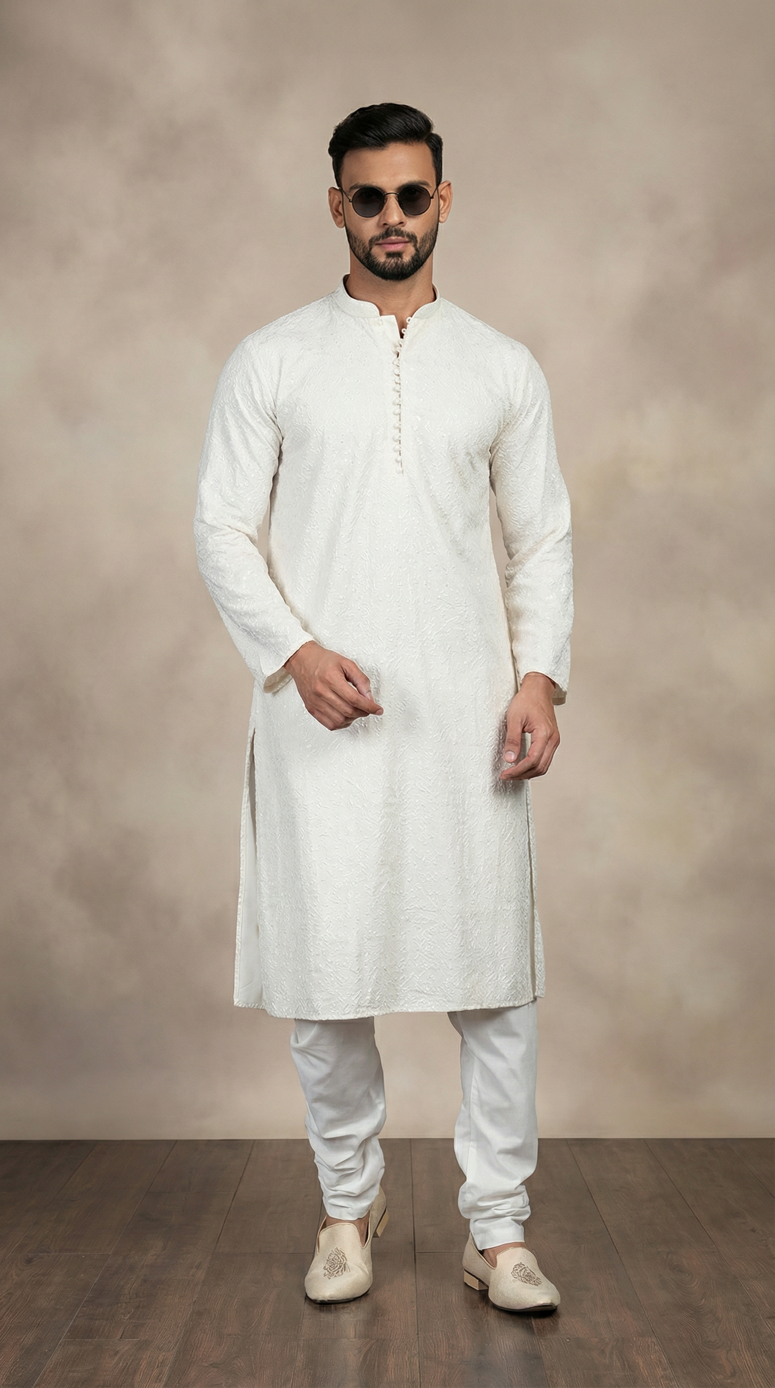 Men's White Elegant Sequin Embellished Pyjama Set