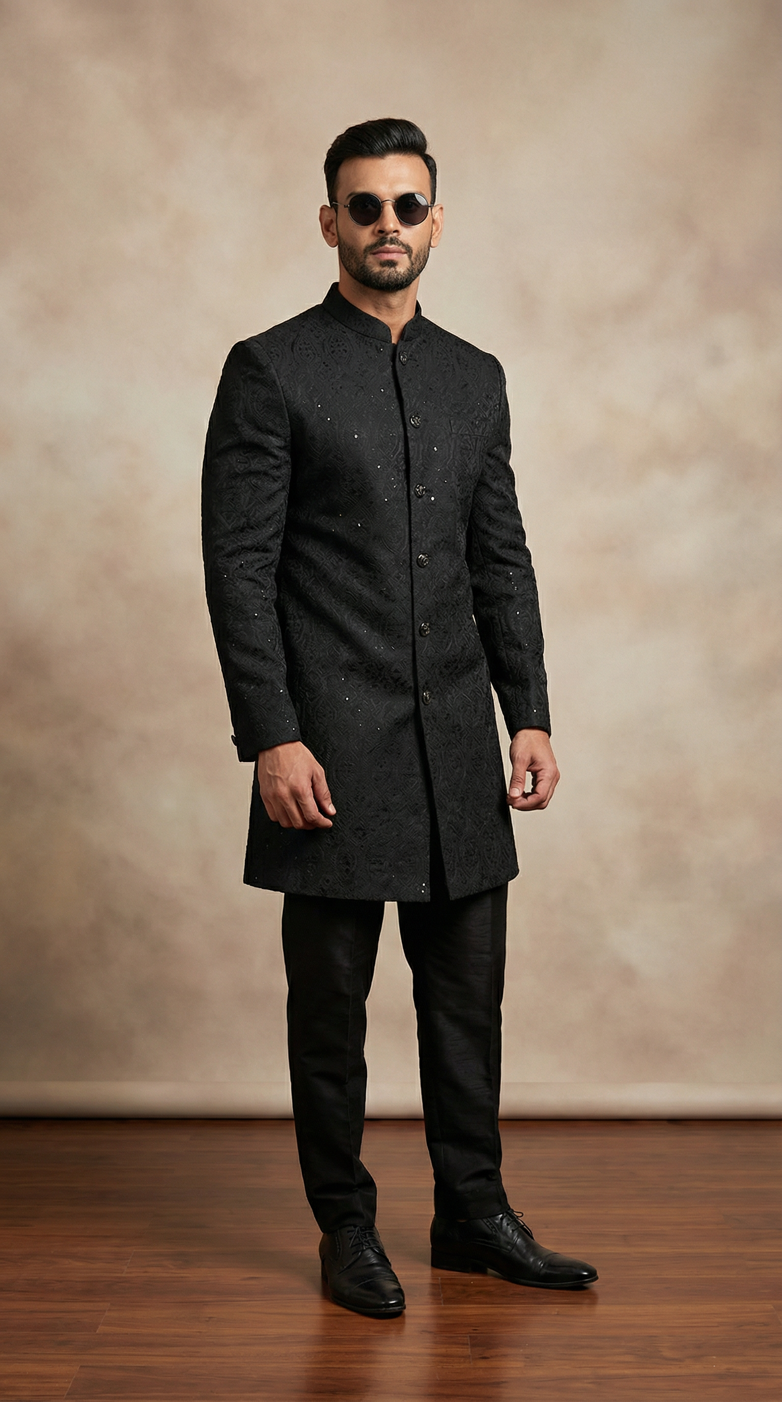 Men's Black Brocade Semi Sherwani