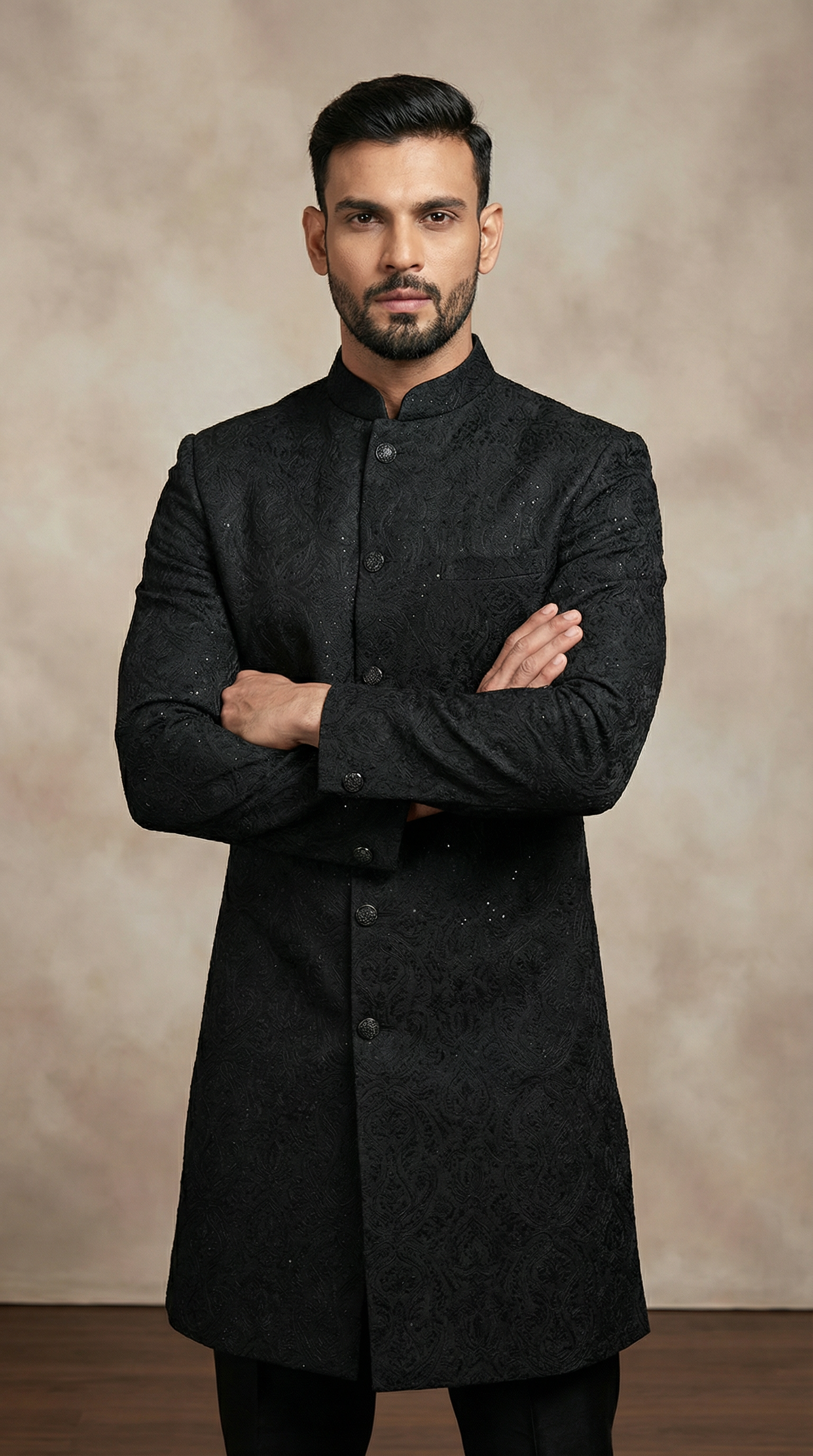 Men's Black Brocade Semi Sherwani