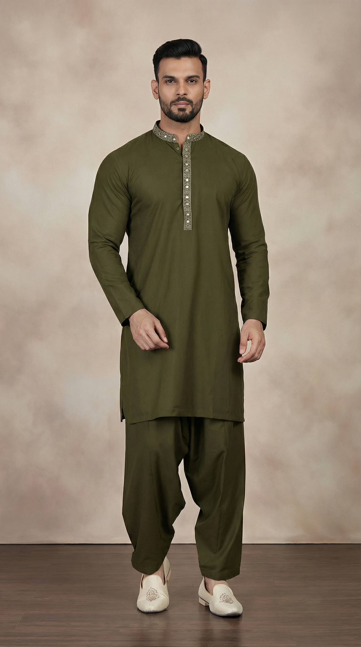 Men’s mehndi green shalwar kameez with embroidered neckline, traditional Pakistani menswear, studio image