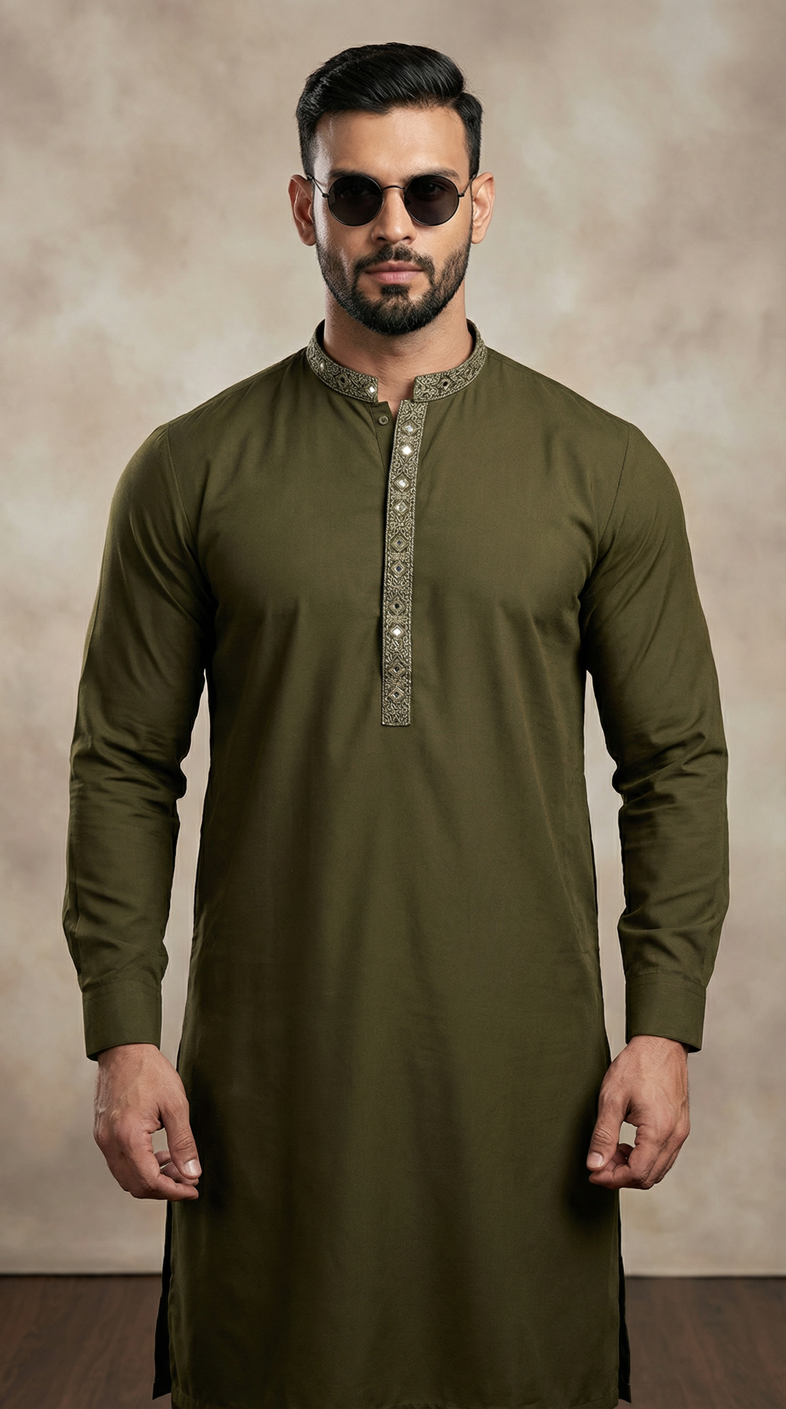 Men’s mehndi green shalwar kameez with embroidered neckline, traditional Pakistani menswear, studio image