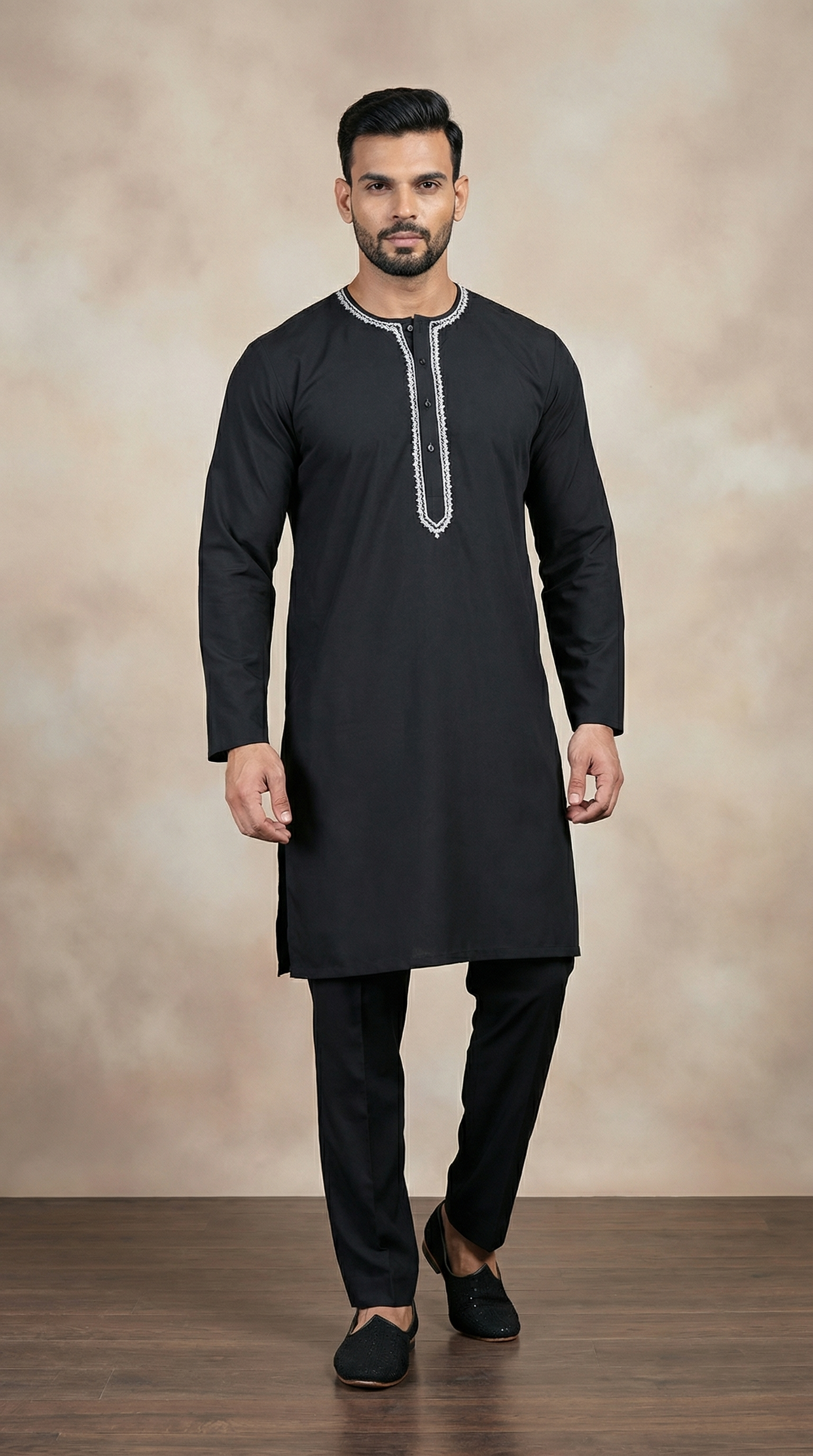 Men’s Black Kurta Pyjama with Contrast Embroidery