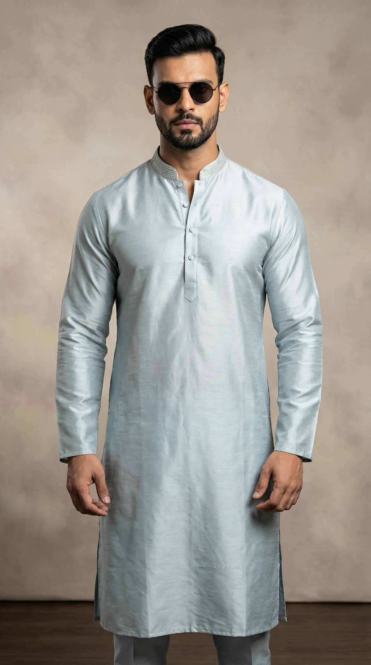 Men’s light blue jacquard dori embroidered kurta pyjama featuring premium textured fabric kurta with dori embroidered neckline, mandarin collar, and matching pyjama. Traditional men’s ethnic wear for weddings, Eid, festive occasions, and cultural celebrations.